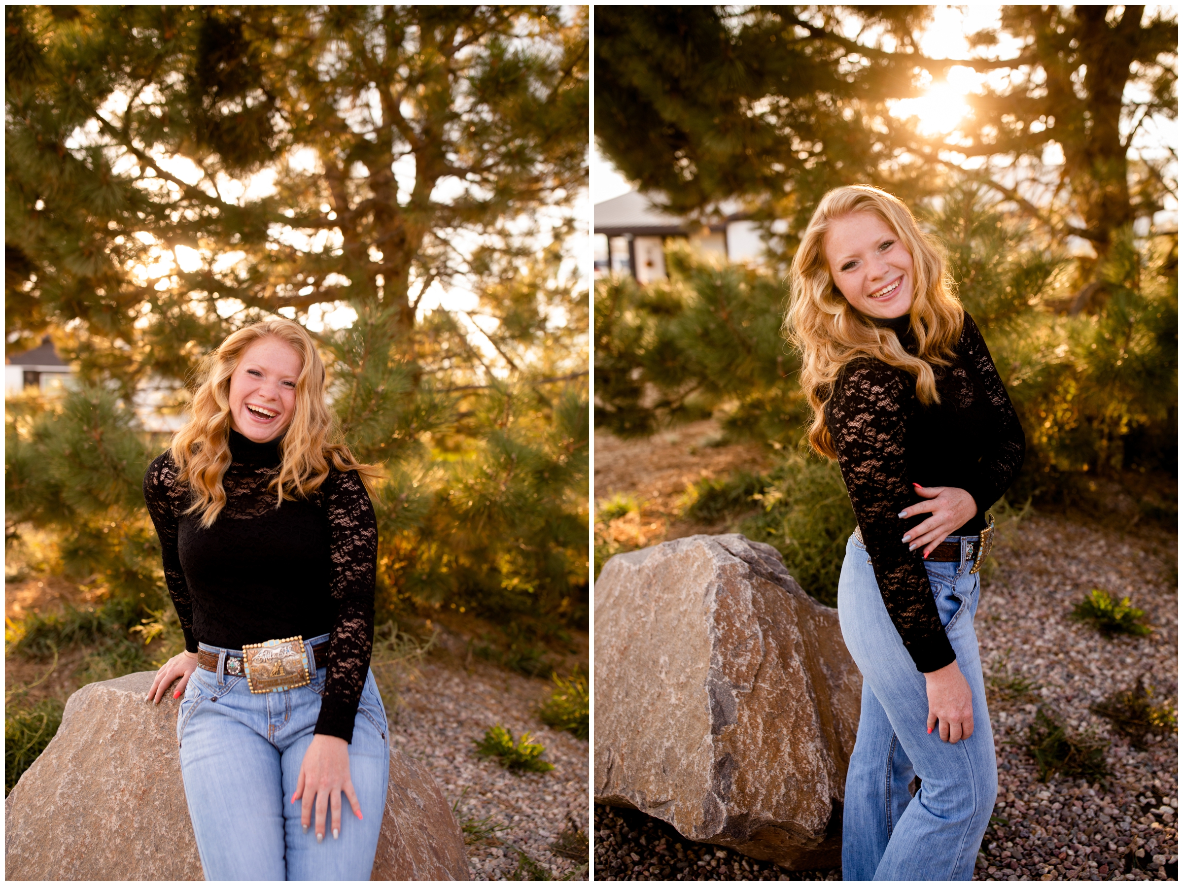 teen girl posing in front of evergreen trees during Loveland CO senior photos