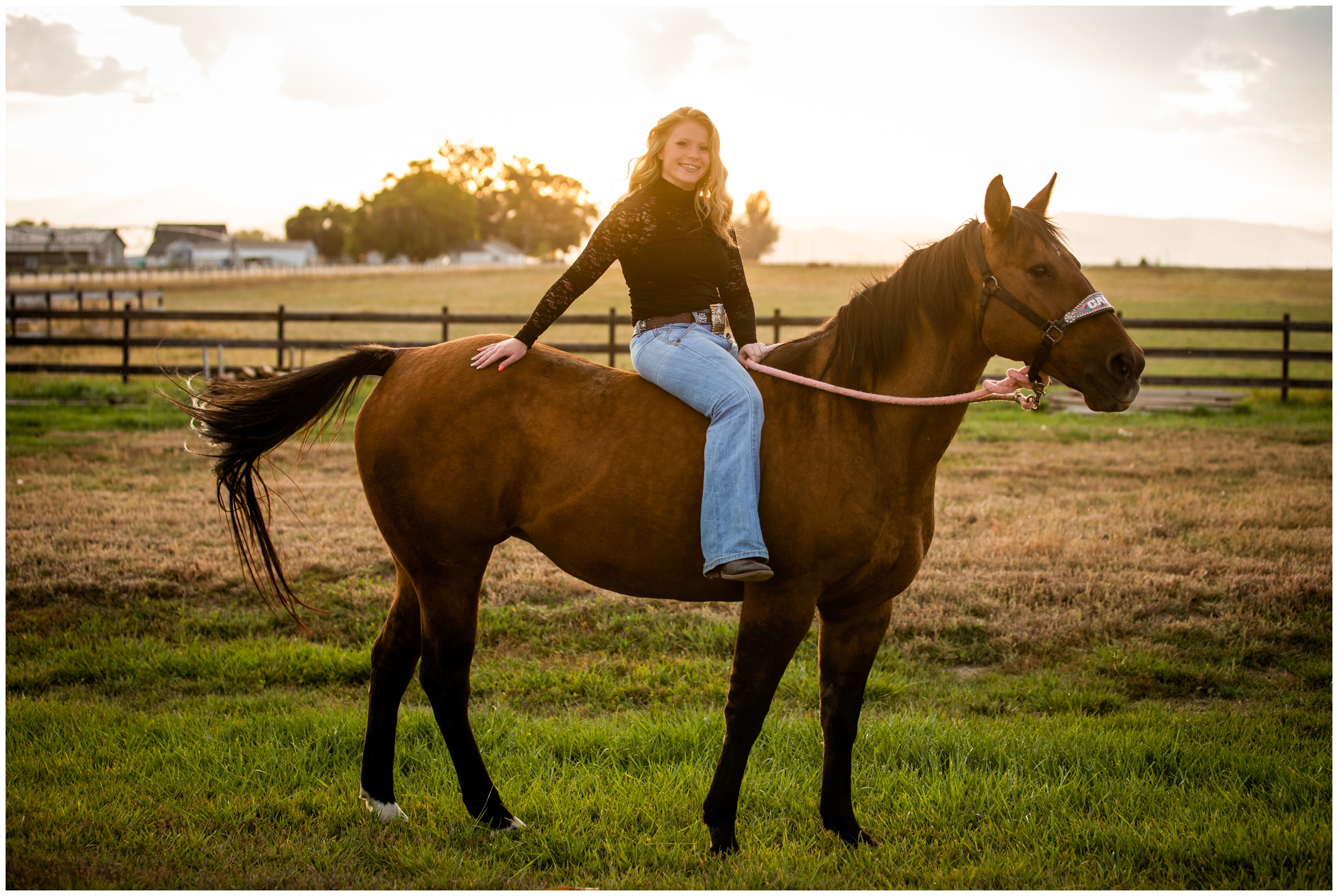 teen girl on her horse during Colorado senior pictures at horse ranch