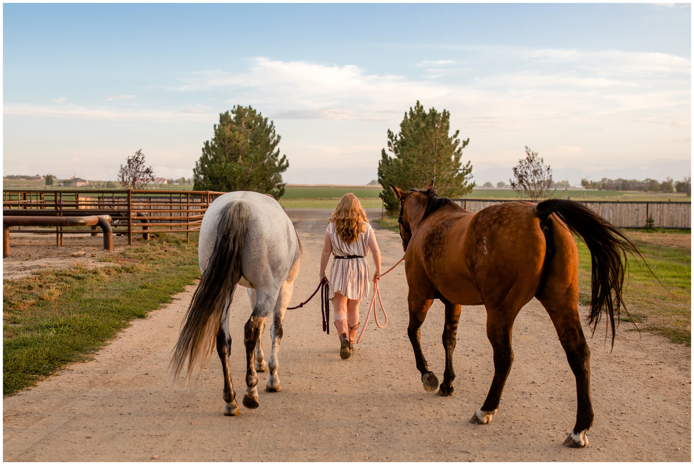 teen walking her horses on dirt road during Colorado equestrian high school senior pictures 