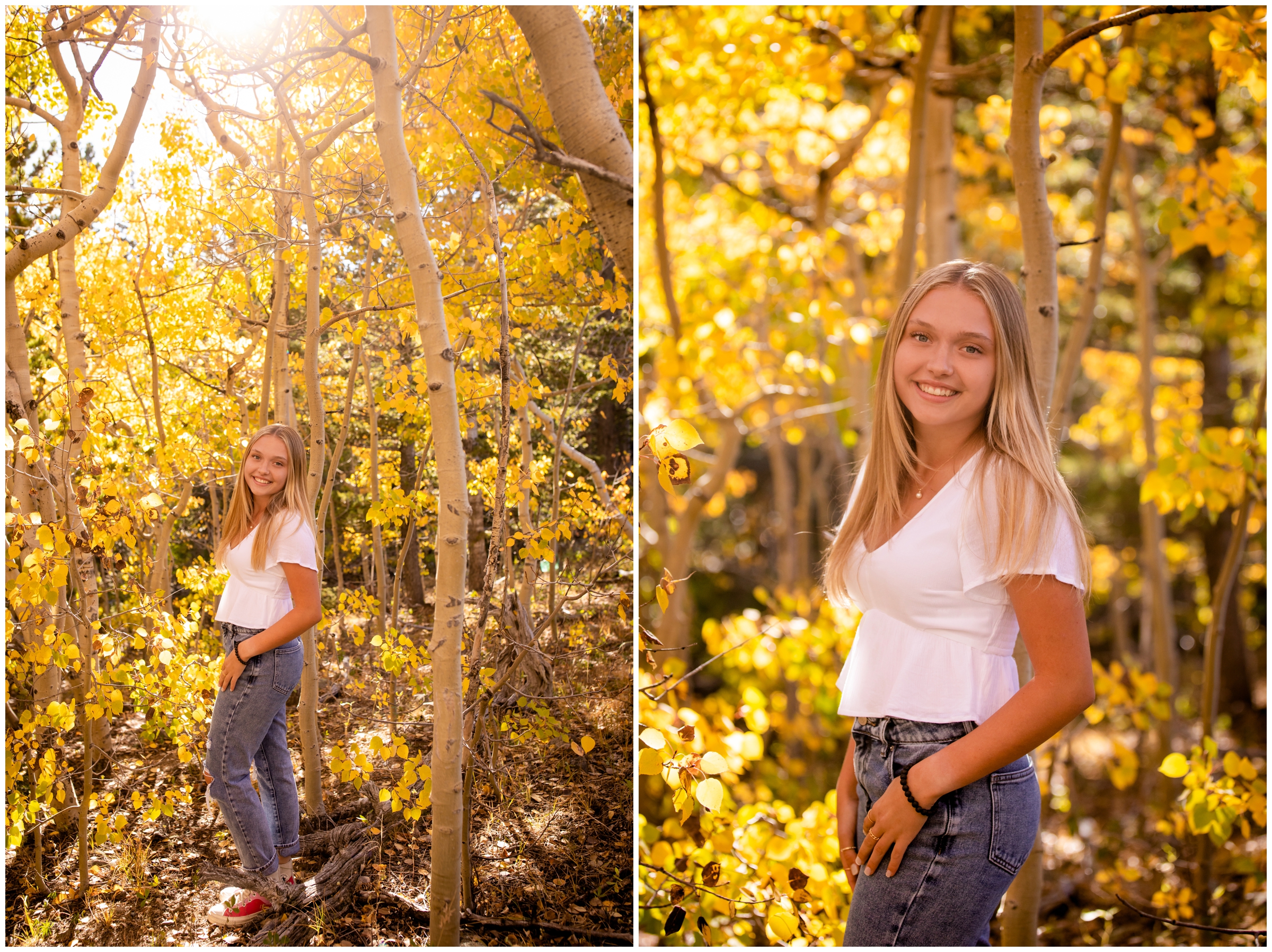 teen posing in colorful fall foliage during Colorado mountain senior photography session 