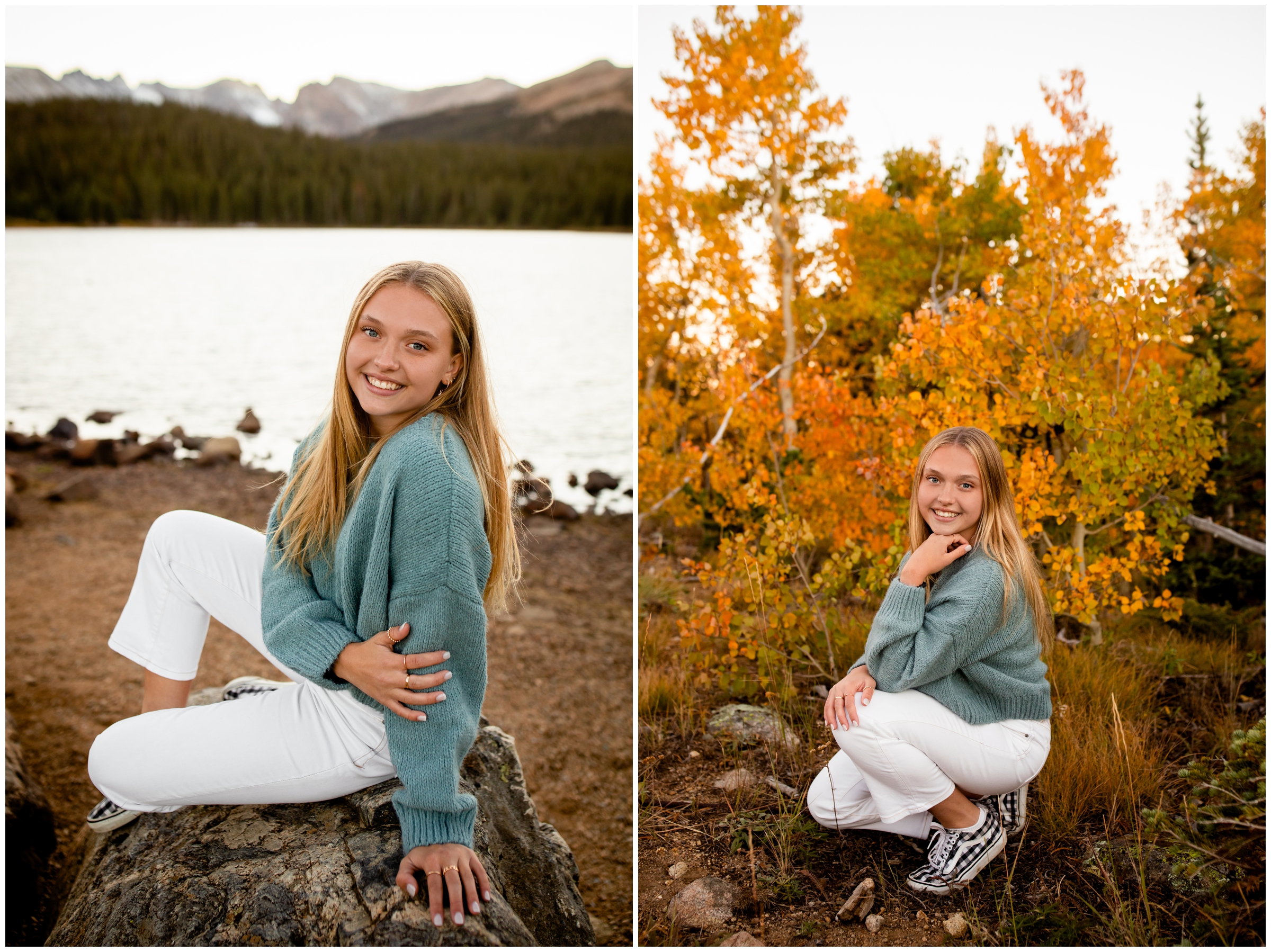 teen posing with colorful fall foliage during Brainard Lake Colorado senior pictures 