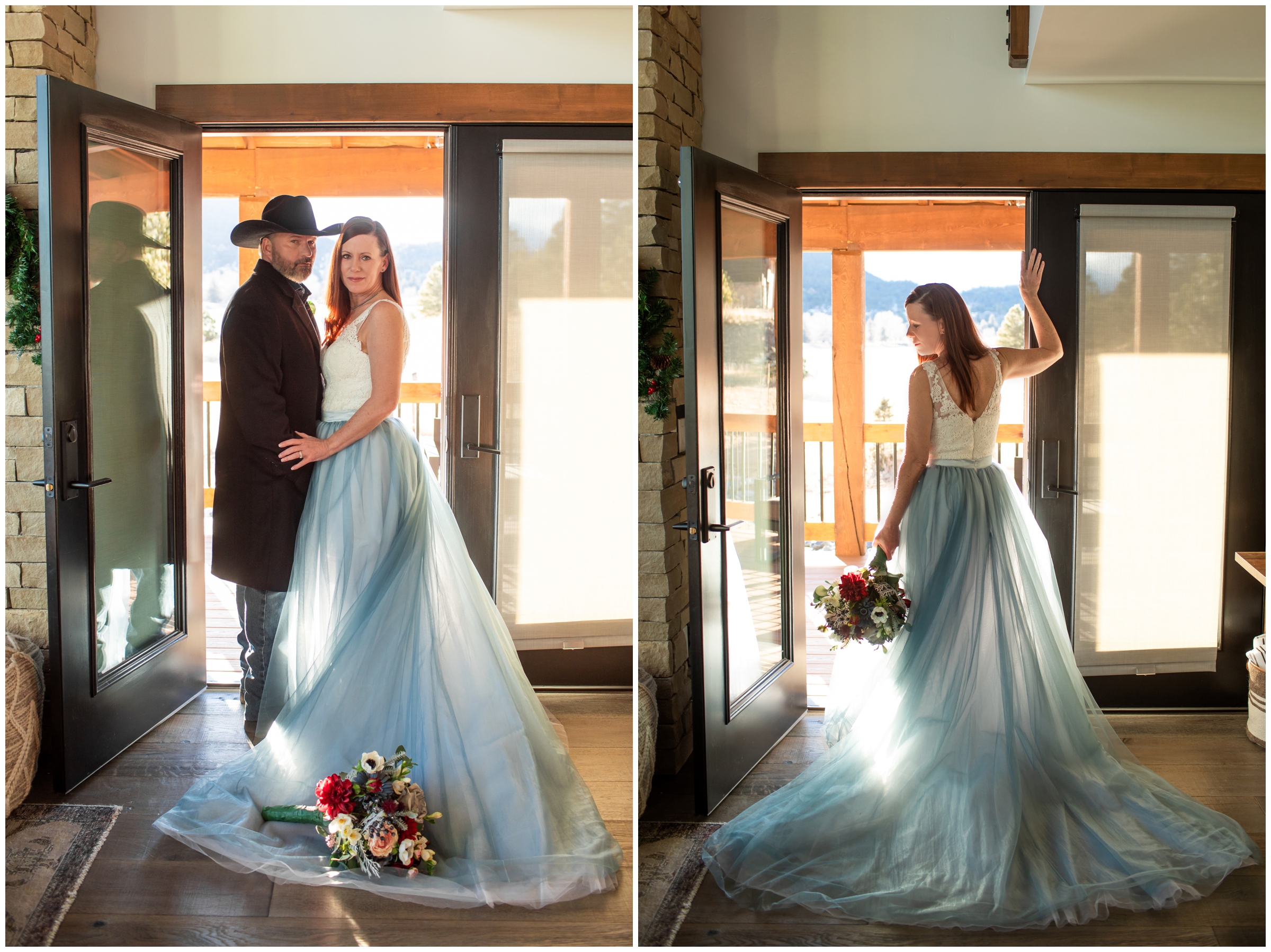 bride with blue ombre dress posing in doorway during Estes Park Resort Colorado winter wedding photos
