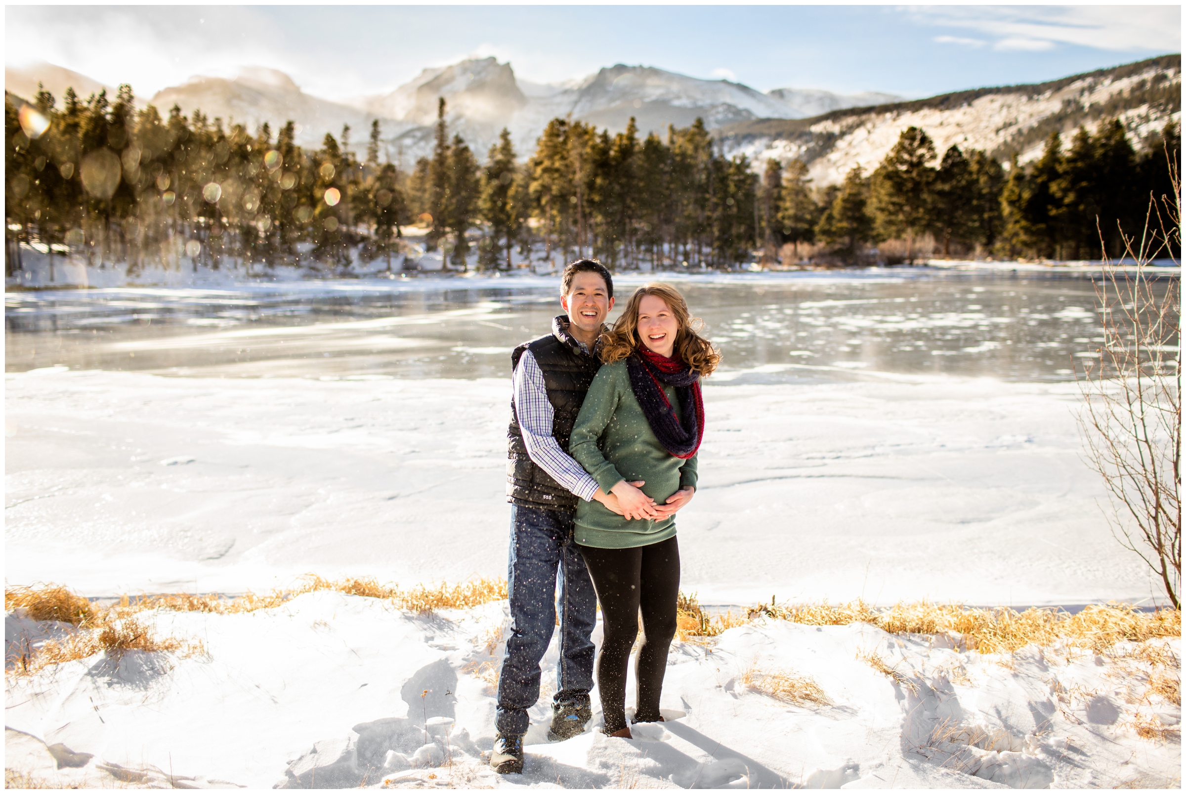 Snowy winter pregnancy photo session in Rocky Mountain National Park by Estes Park maternity photographer Plum Pretty Photography