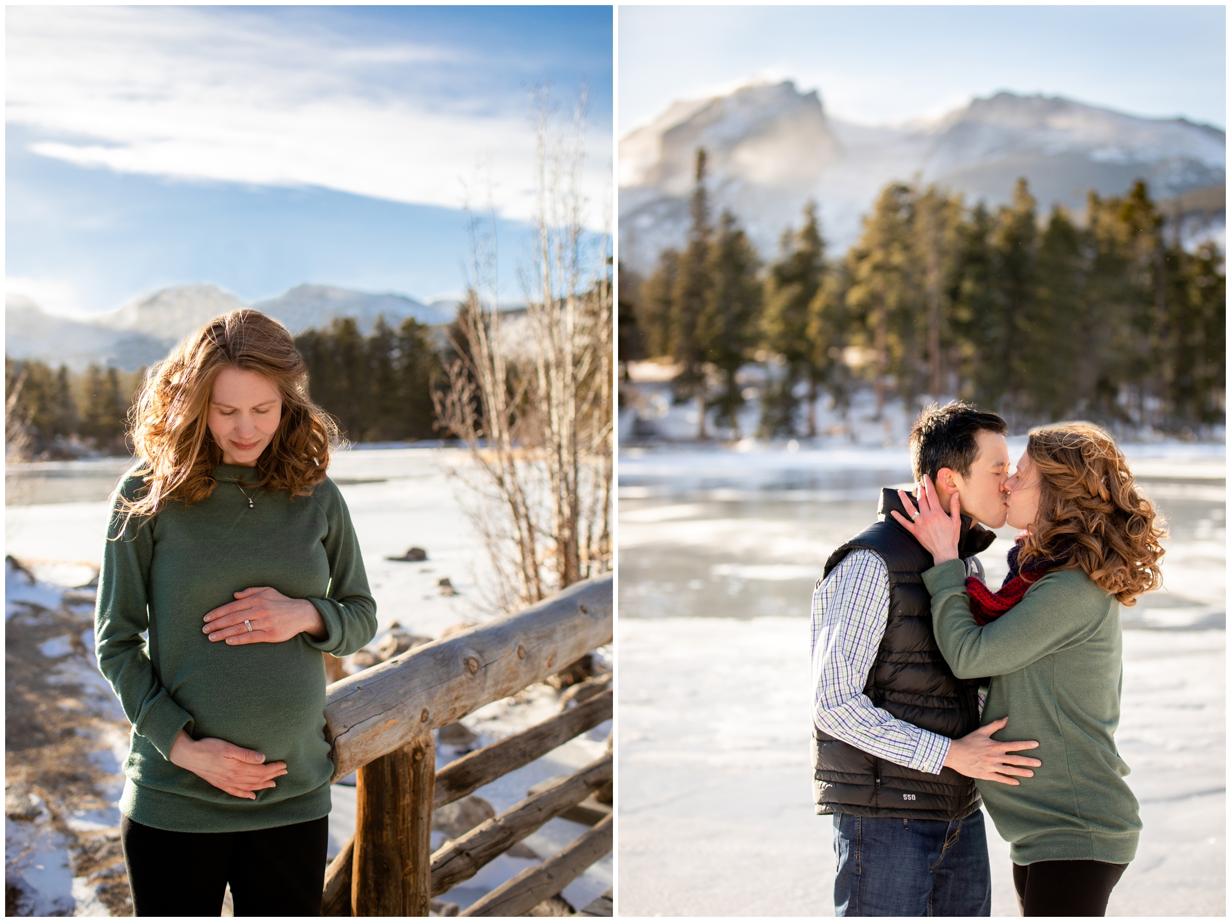 Snowy winter pregnancy photo session in Rocky Mountain National Park by Estes Park maternity photographer Plum Pretty Photography