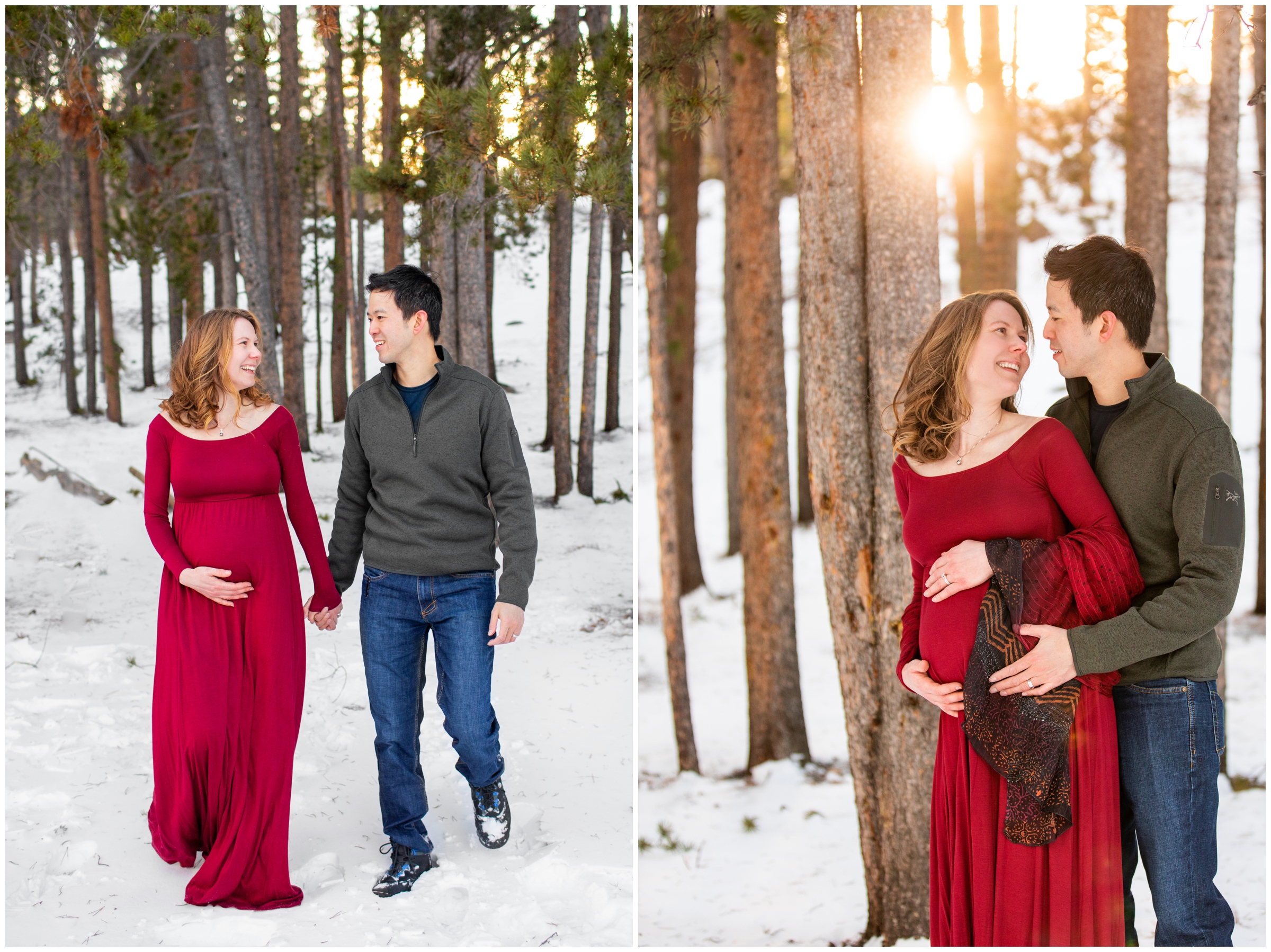snowy forest maternity pictures in Estes Park Colorado 