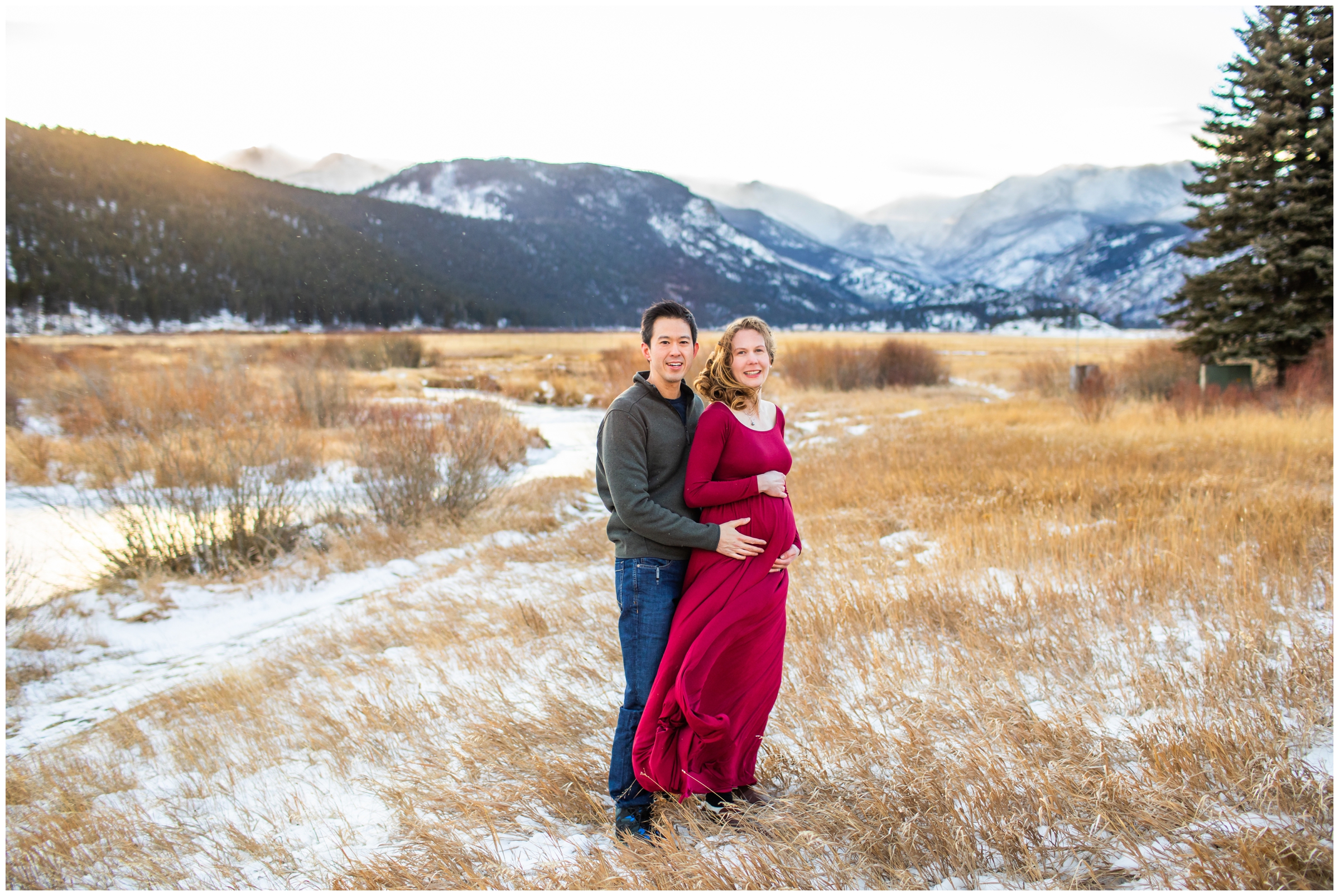 Snowy winter pregnancy photo session in Rocky Mountain National Park by Estes Park maternity photographer Plum Pretty Photography