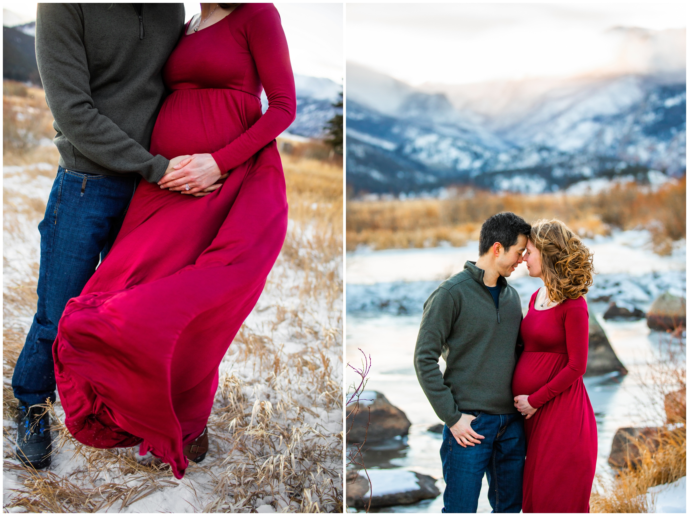 Snowy winter pregnancy photo session in Rocky Mountain National Park by Estes Park maternity photographer Plum Pretty Photography