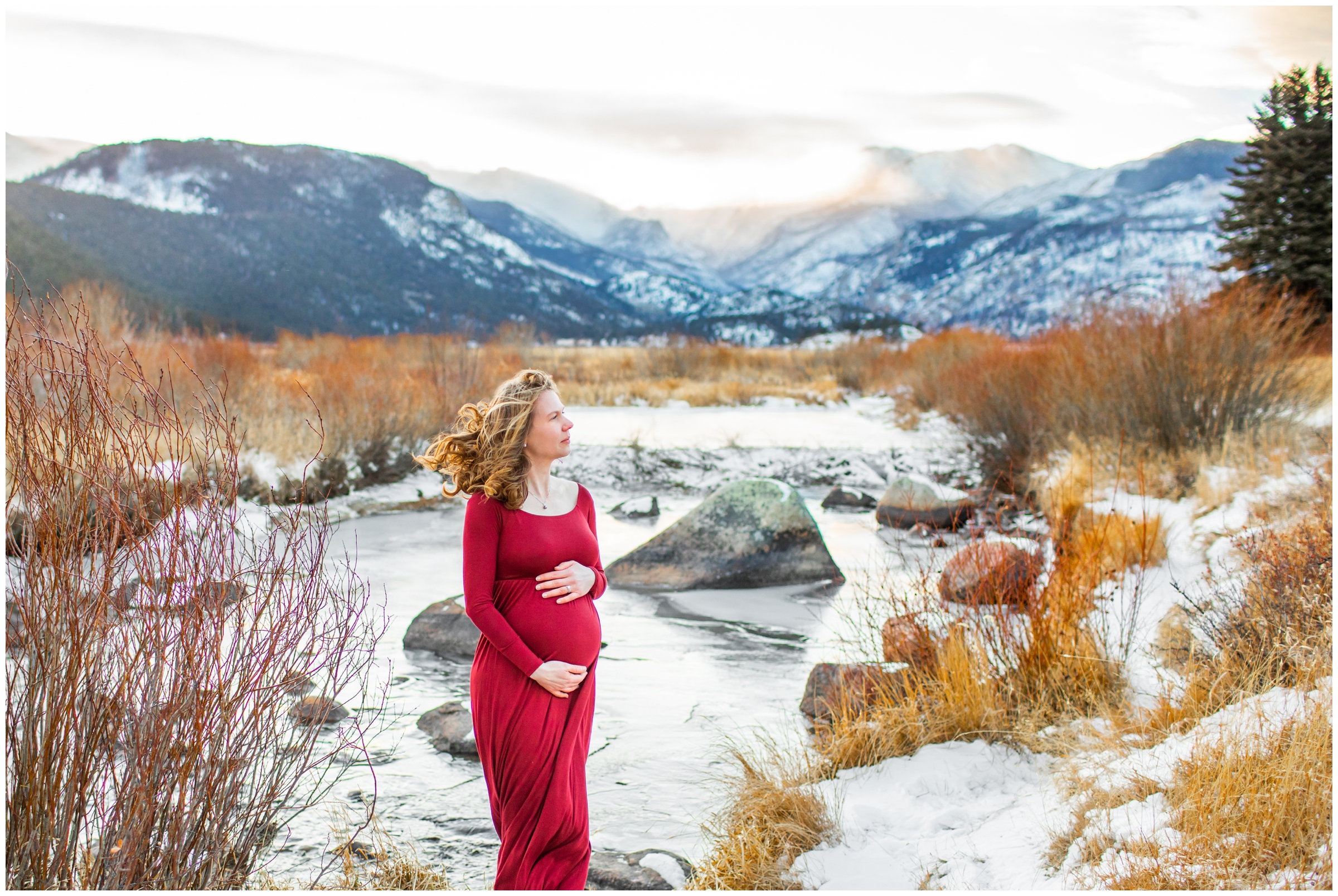 windy winter maternity pictures at Moraine Park in Estes Park Colorado