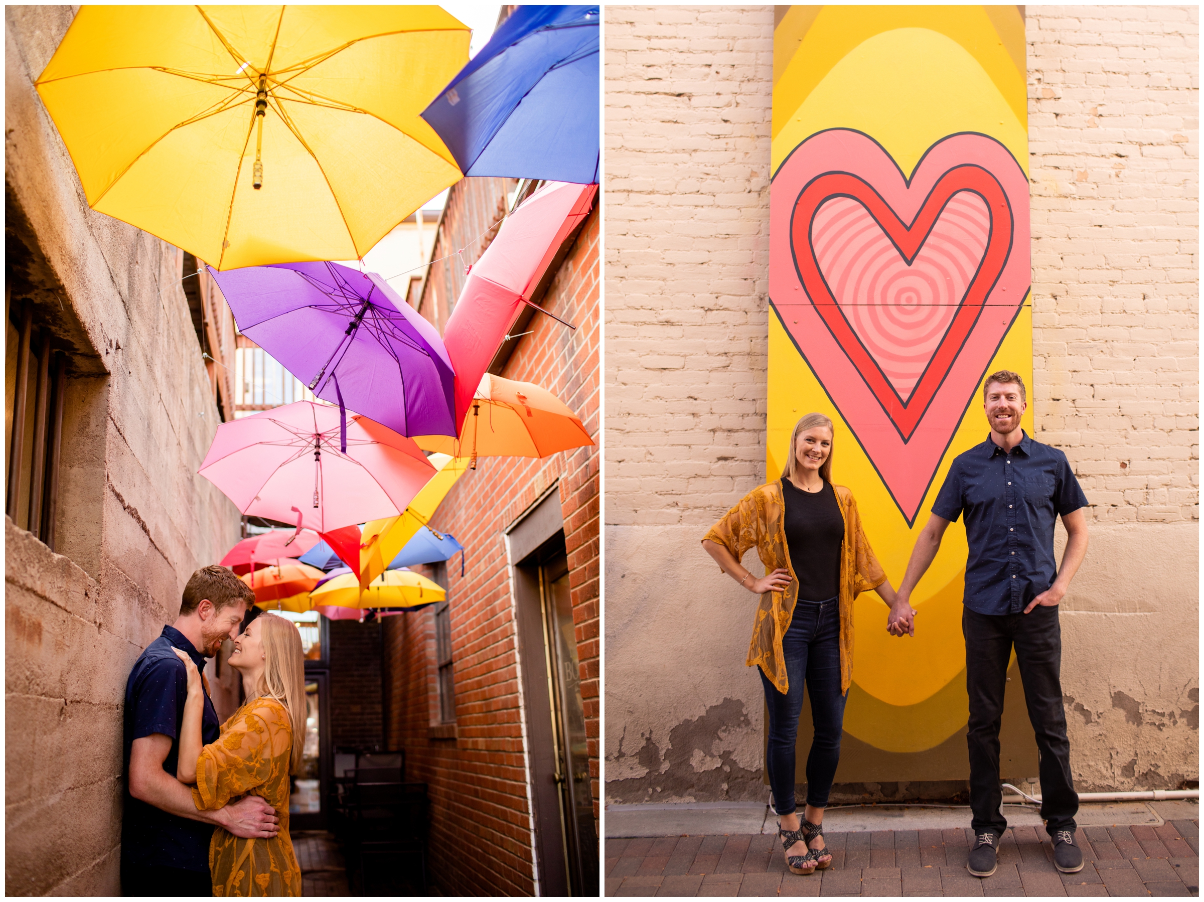 couple posing in an umbrella alley in downtown Fort Collins during their urban engagement photos