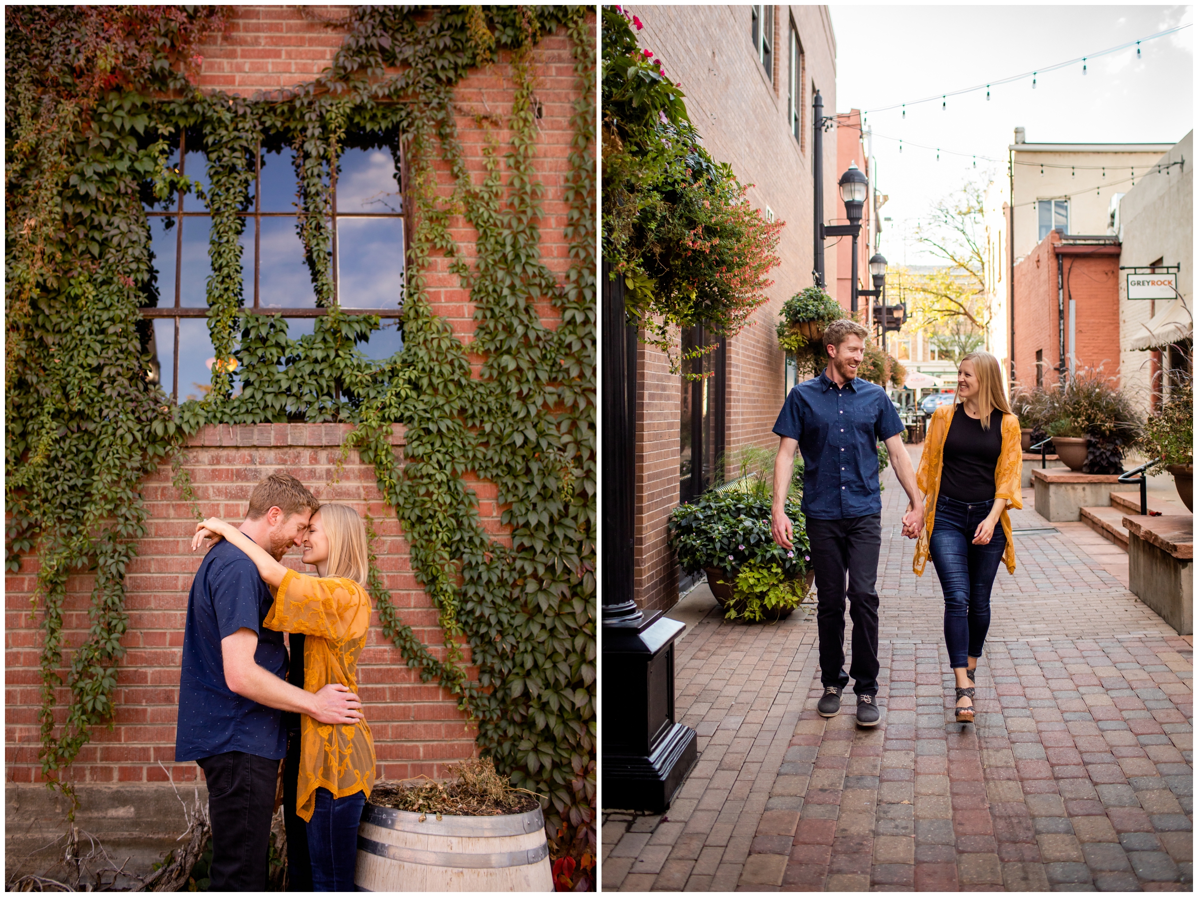 couple walking down alley in old town Ft. Collins during Colorado fall engagement pictures 