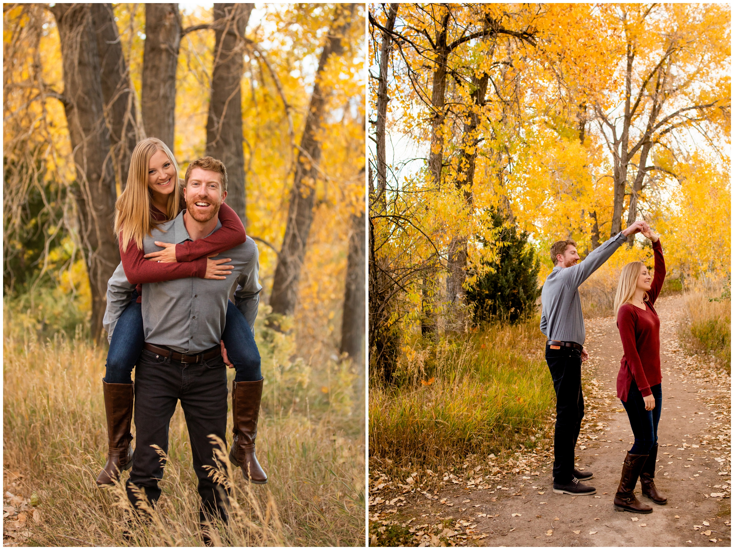 woman on fiancé's back during Riverbend Ponds Fort Collins engagement photography session 