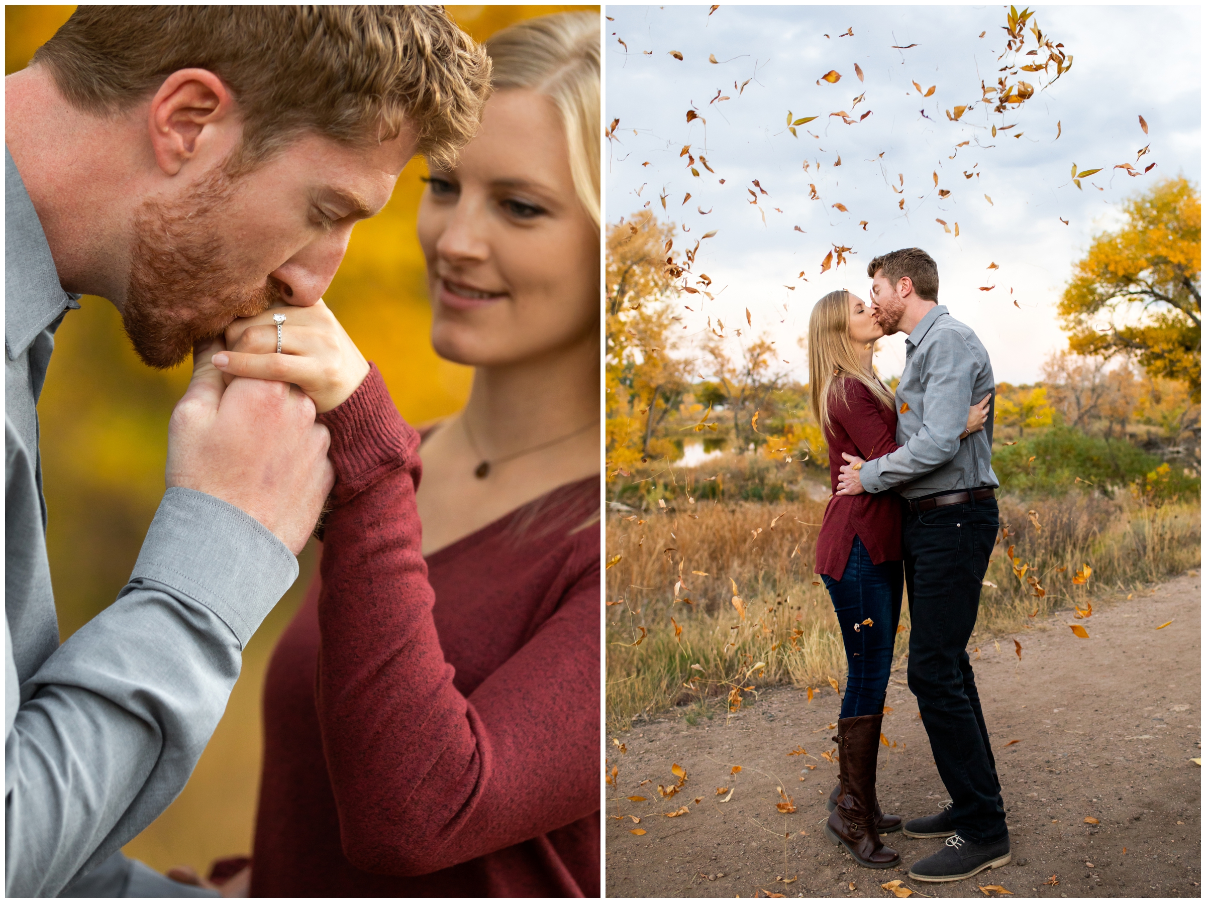 couple kissing as leaves fall around them during Fort Collins engagement portraits at Riverbend Ponds Natural Area