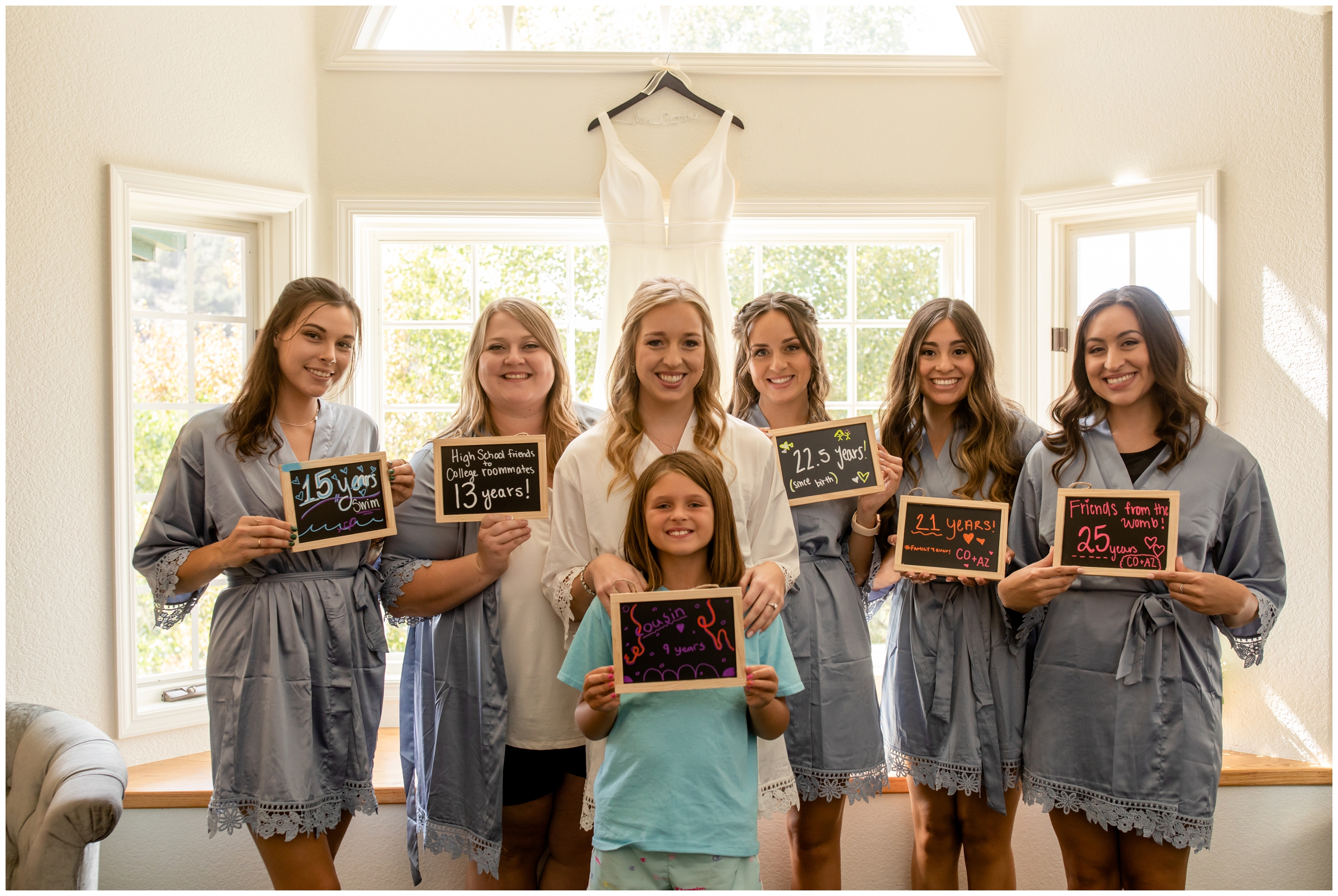 bridesmaids holding signs indicating how they know the bride