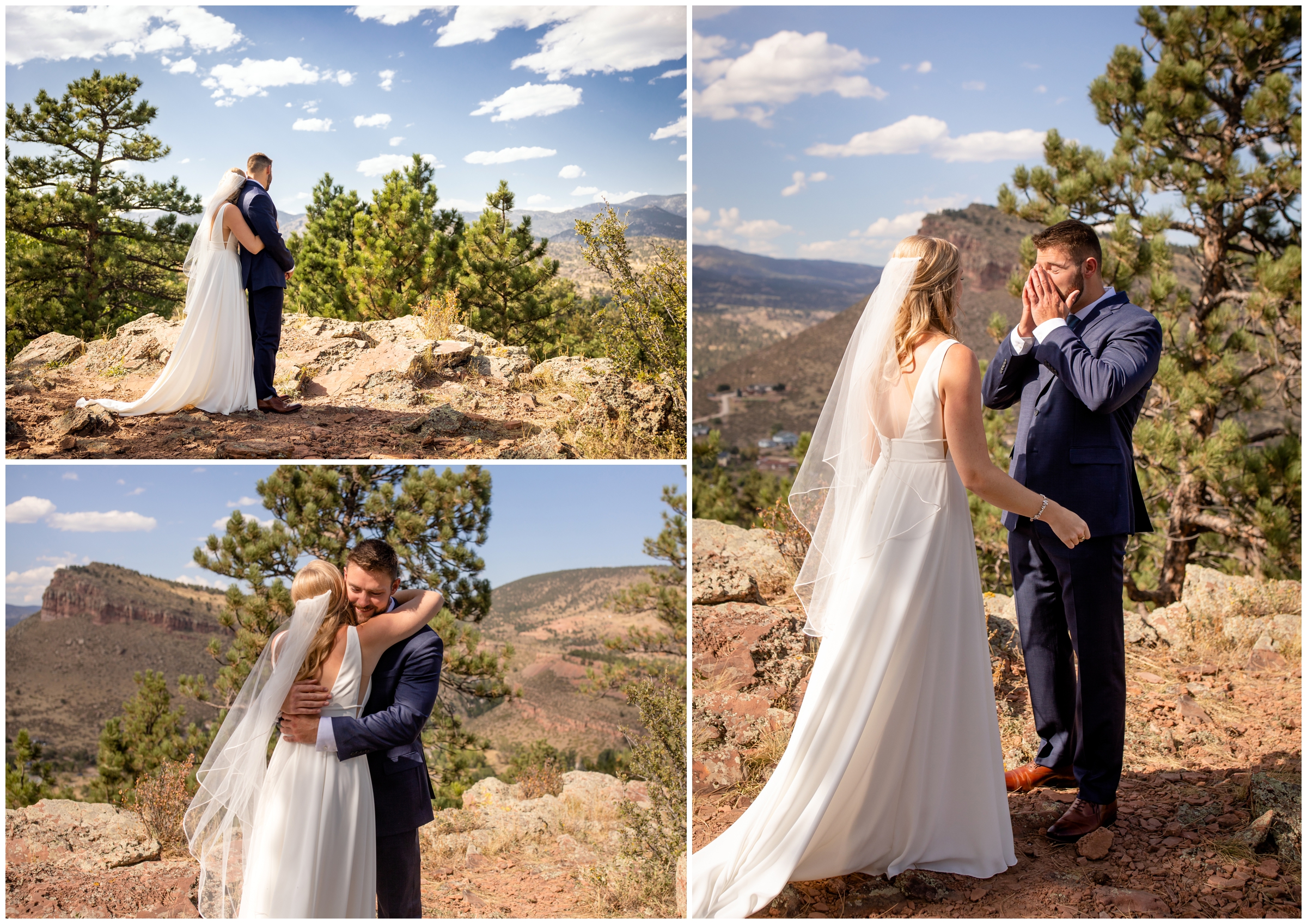 first look on top of mountain at Lionscrest Manor Colorado wedding