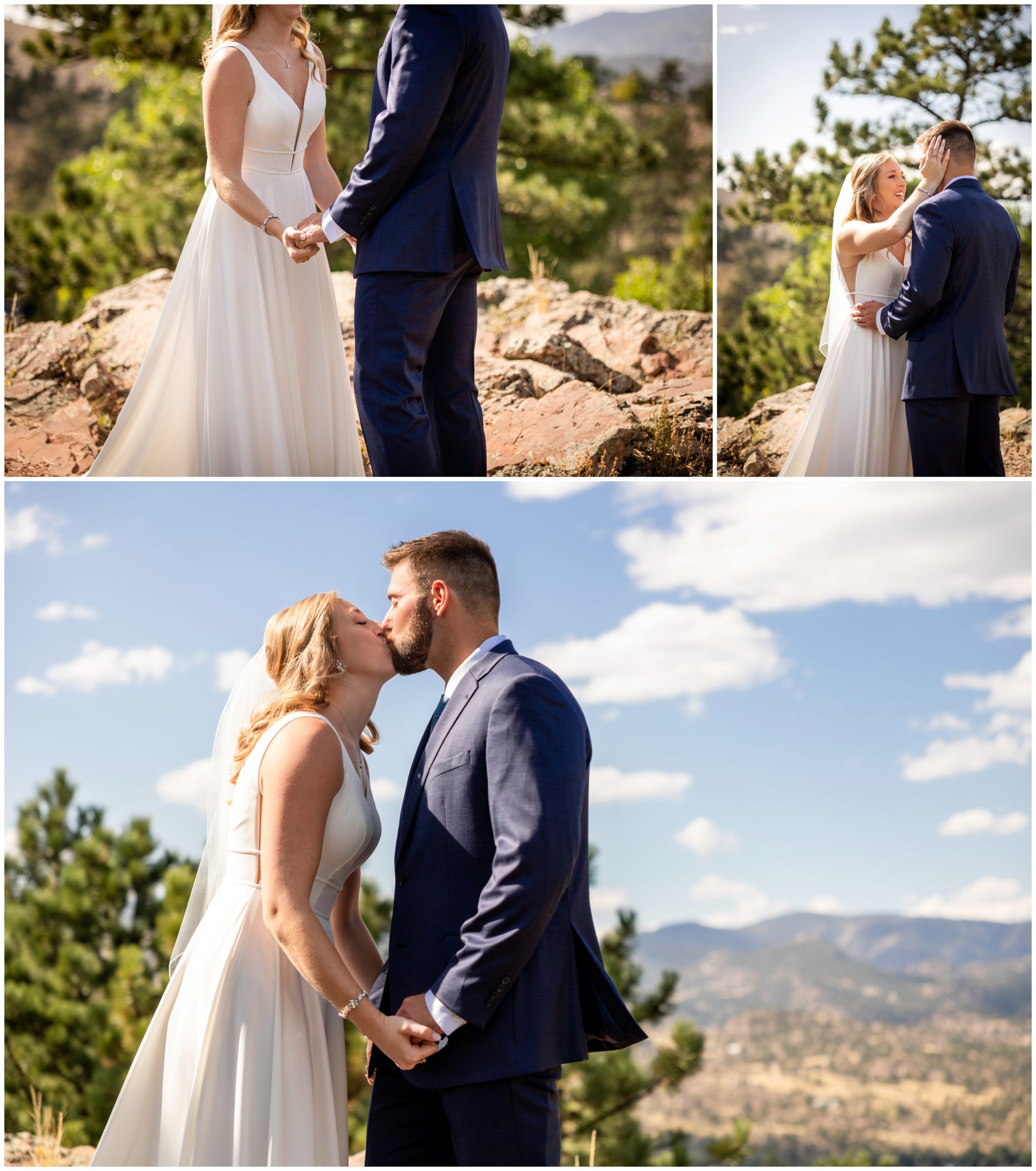 bride and groom on mountaintop at Colorado fall wedding