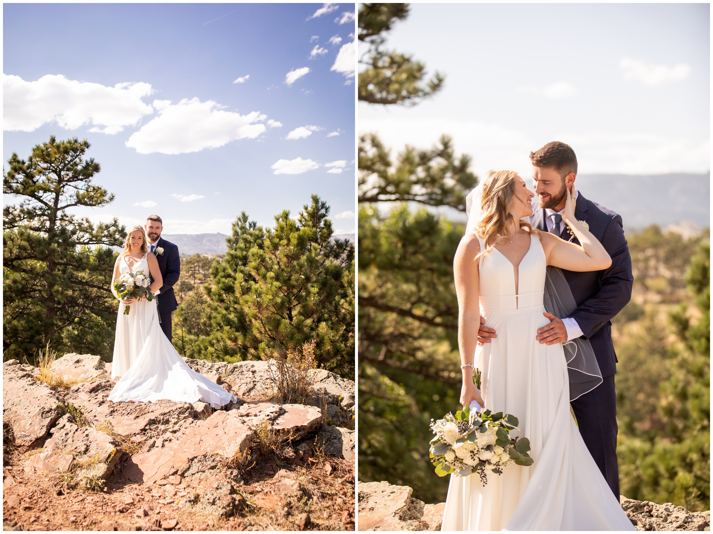 couple posing on mountaintop during Lyons Colorado wedding photos