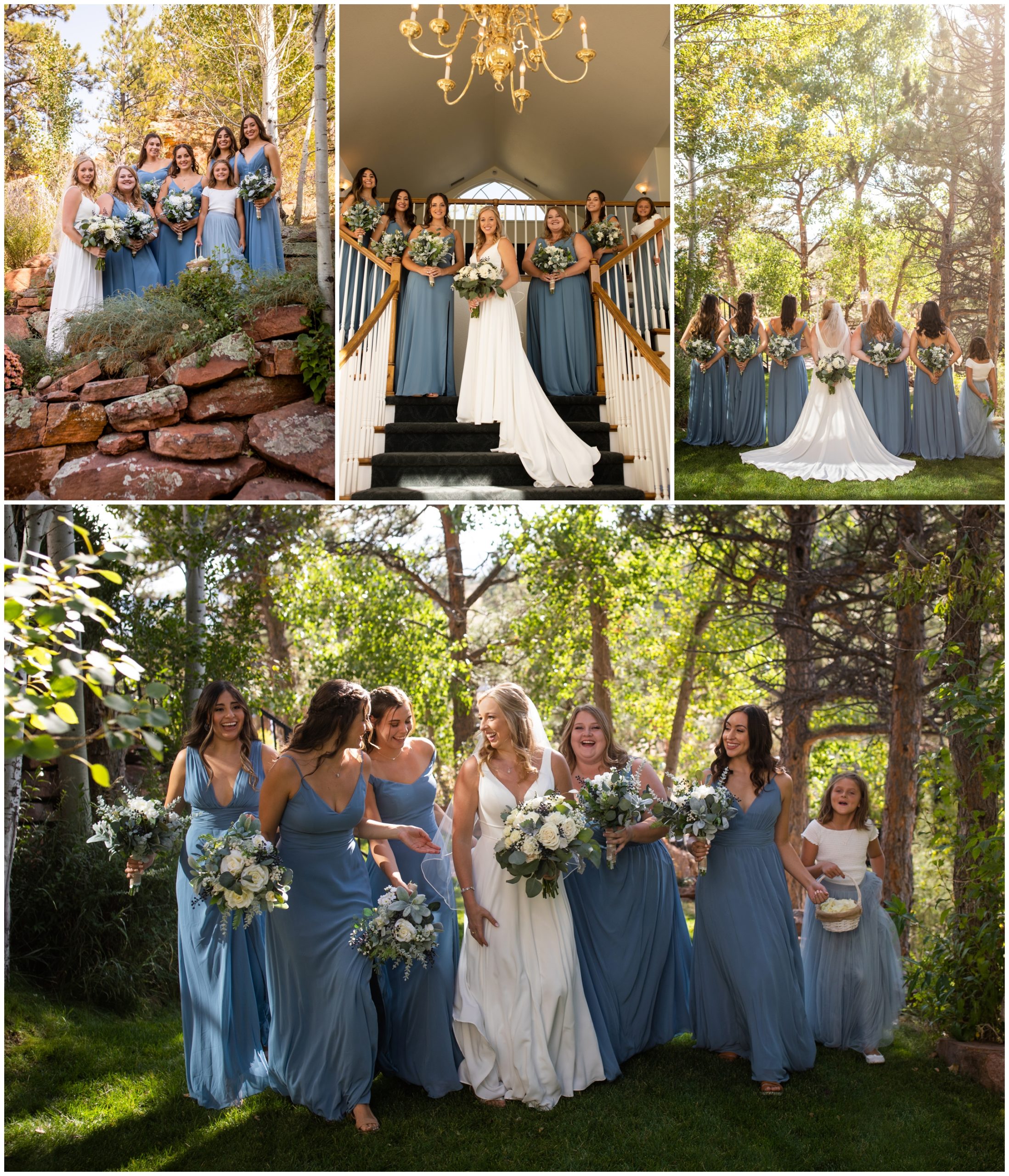 bridesmaids in light blue dresses for Colorado fall wedding