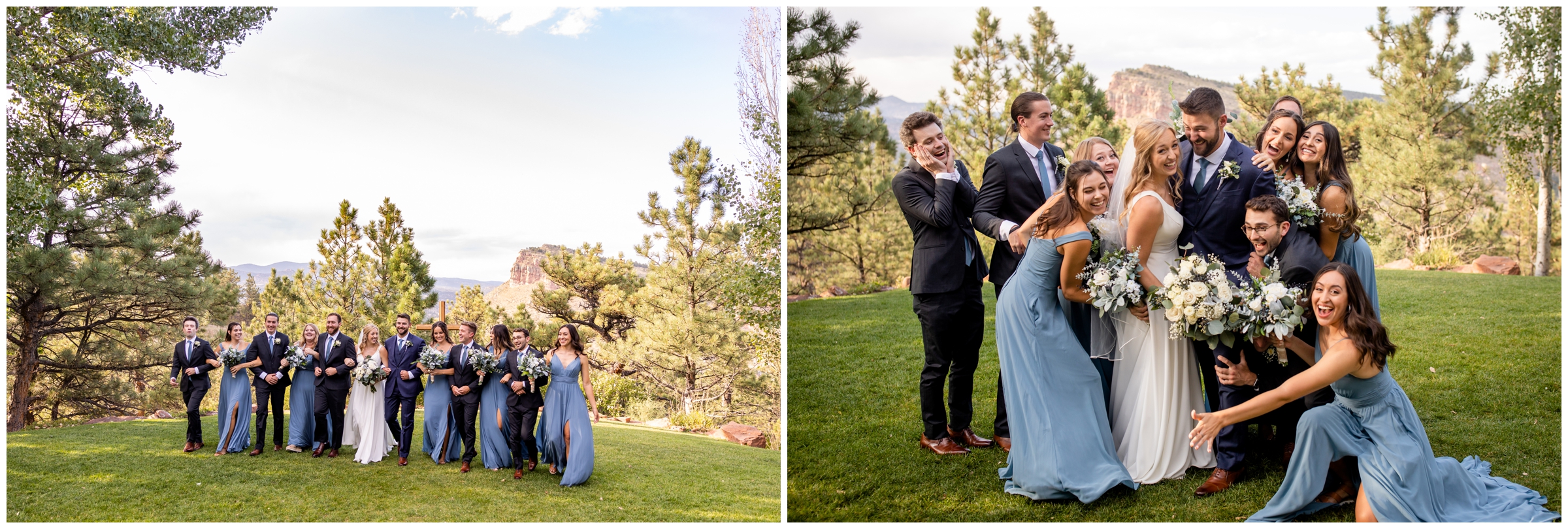 bridal party in light blue and navy blue at Colorado wedding