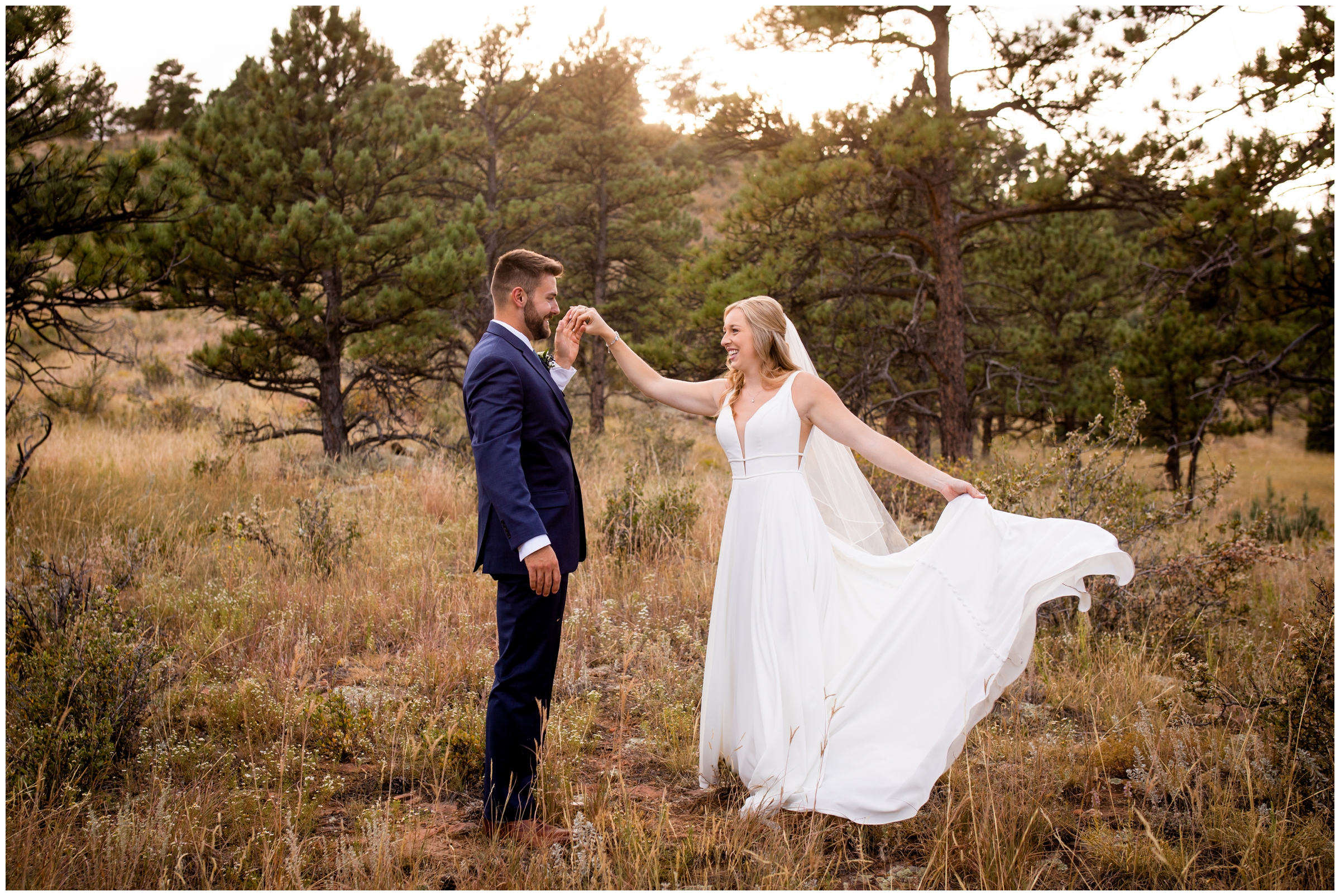 bride and groom dancing in forest during Colorado mountain wedding at Lionscrest Manor