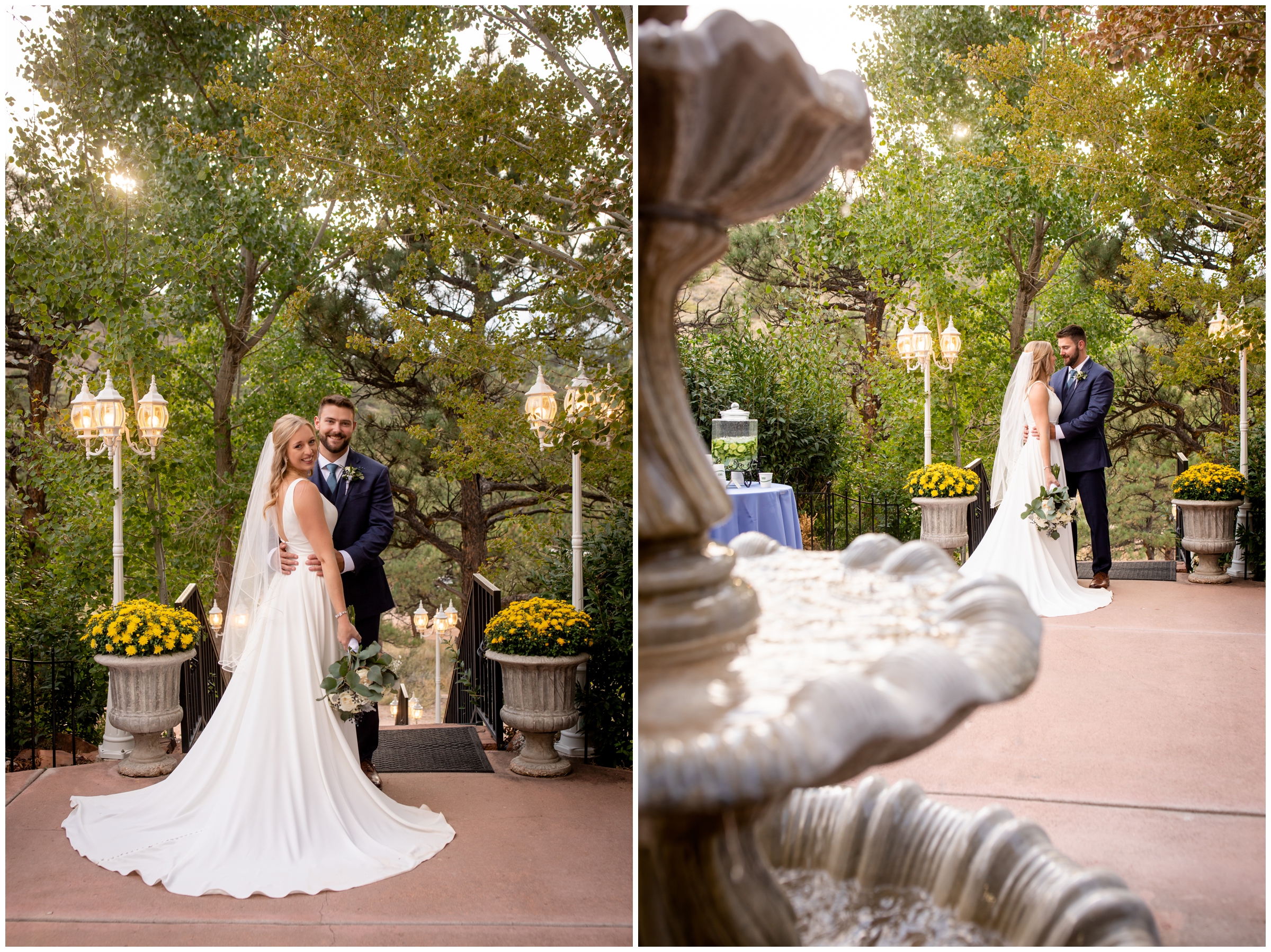 bride and groom posing by water fountain during fall Lionscrest Manor wedding portraits in the Colorado mountains