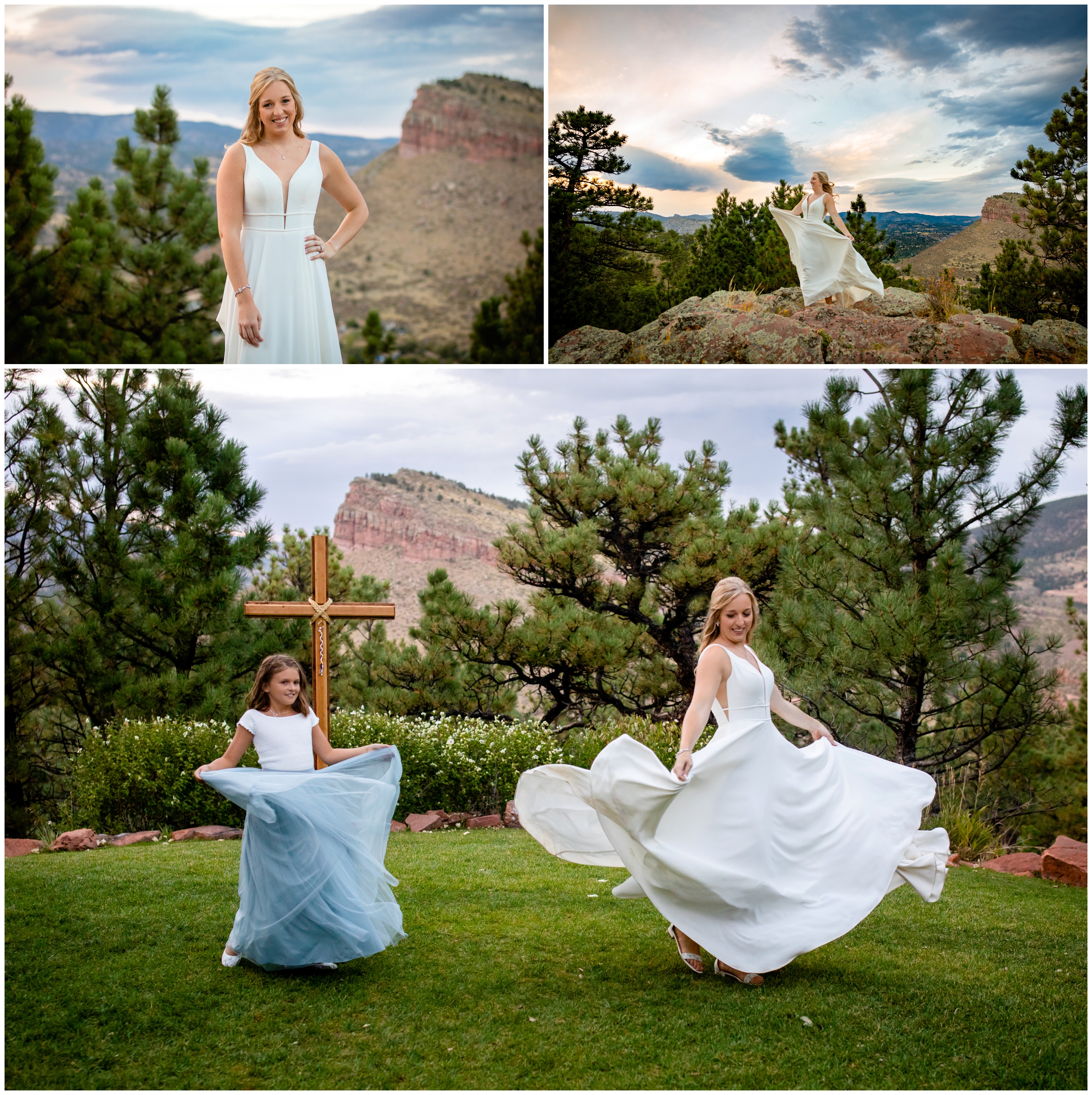 bride and flower girl spinning in their dresses during Lionscrest manor Colorado wedding pictures