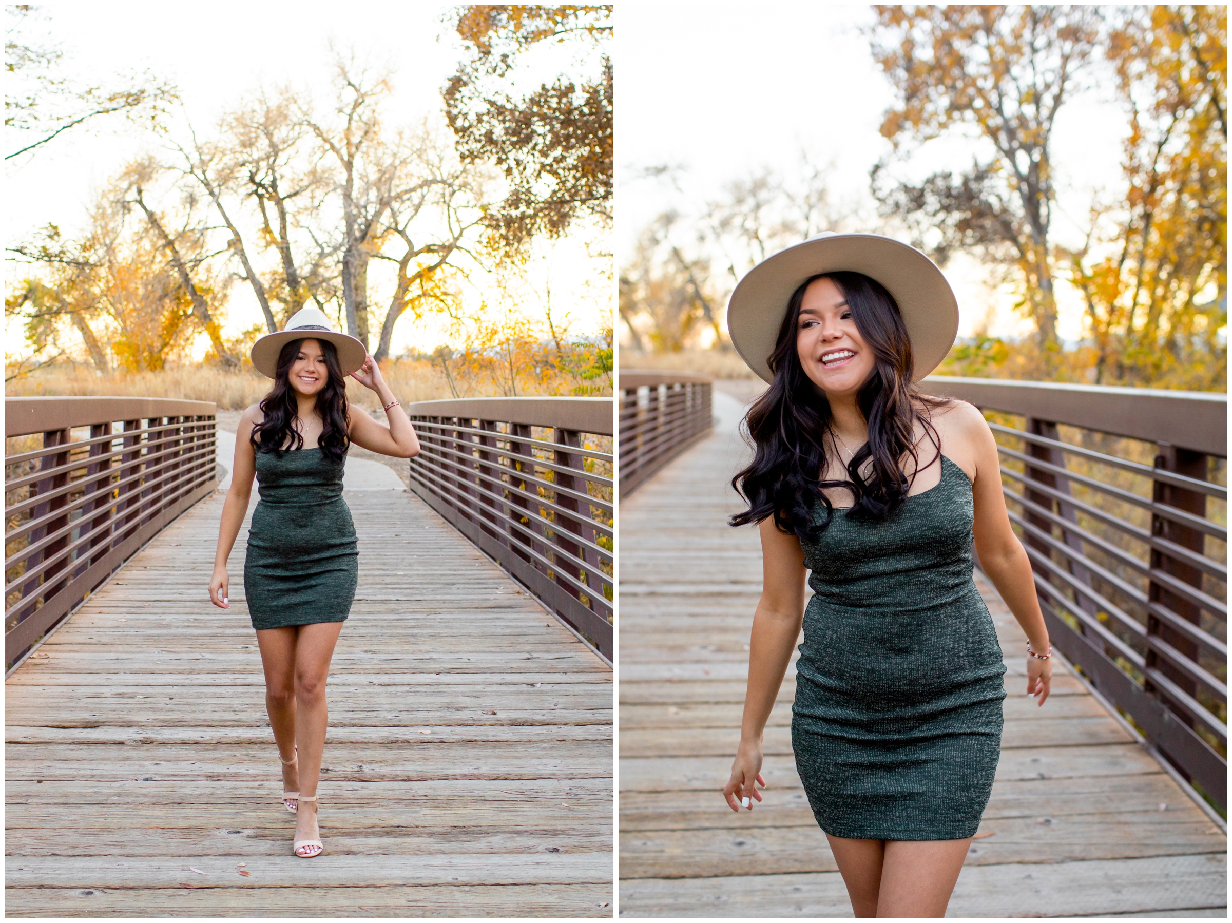 teen walking on a bridge during outdoor fall senior portraits at Golden Ponds in Longmont 