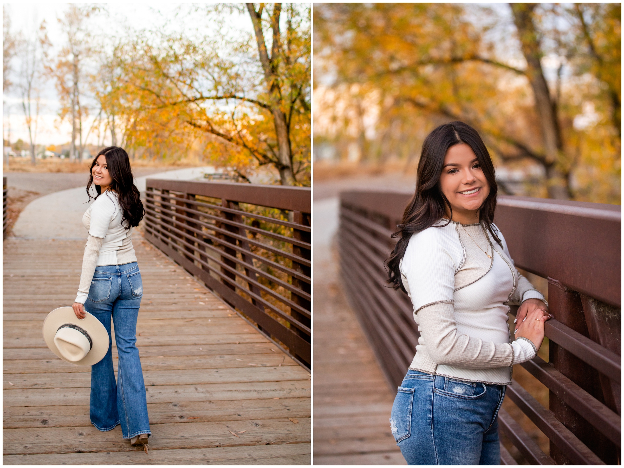 teen girl walking on bridge during Colorado high school graduation photo shoot at Golden Ponds