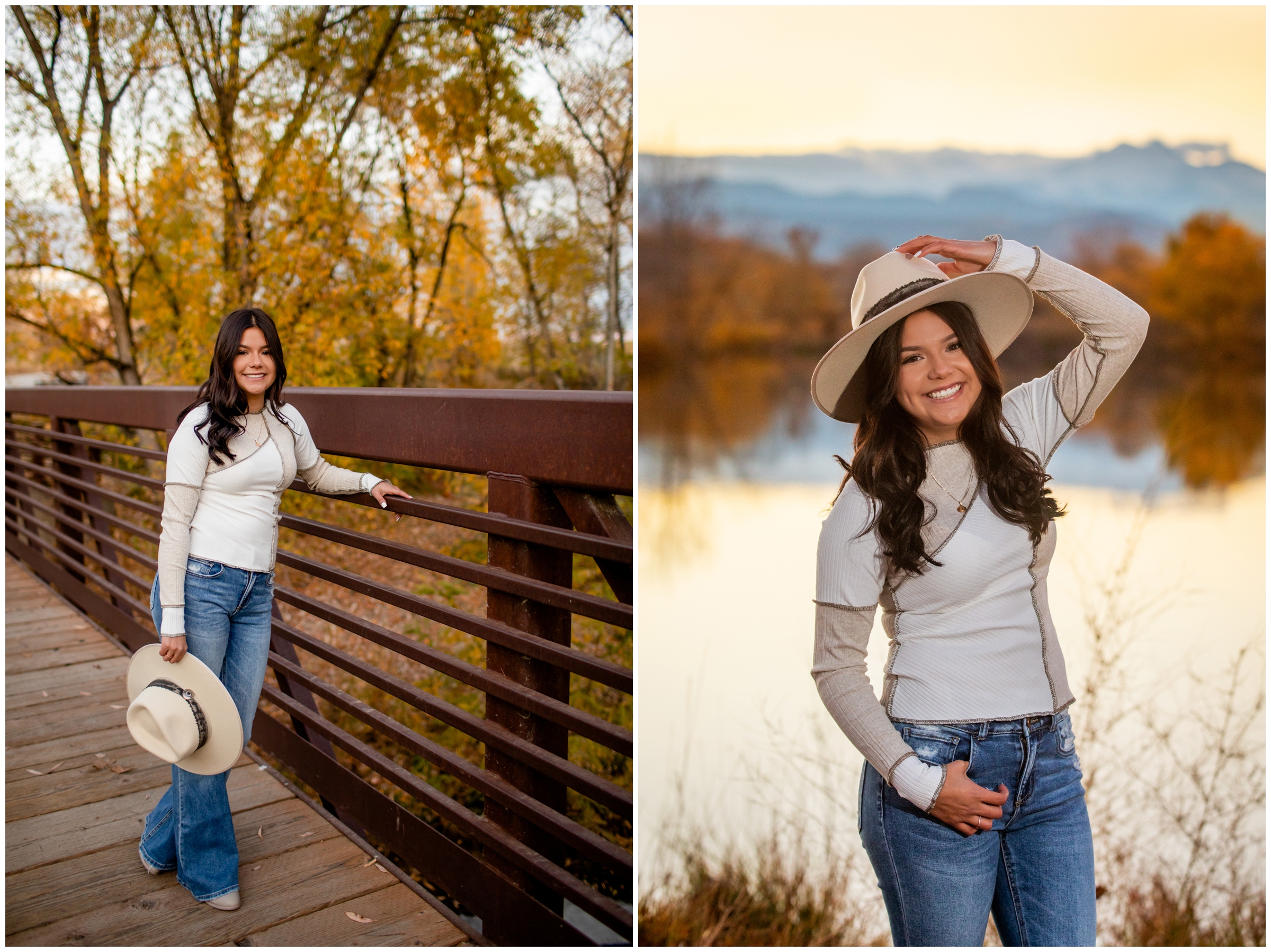 Longmont Colorado senior portraits at sunset with the mountains in background at Golden Ponds Nature Area 