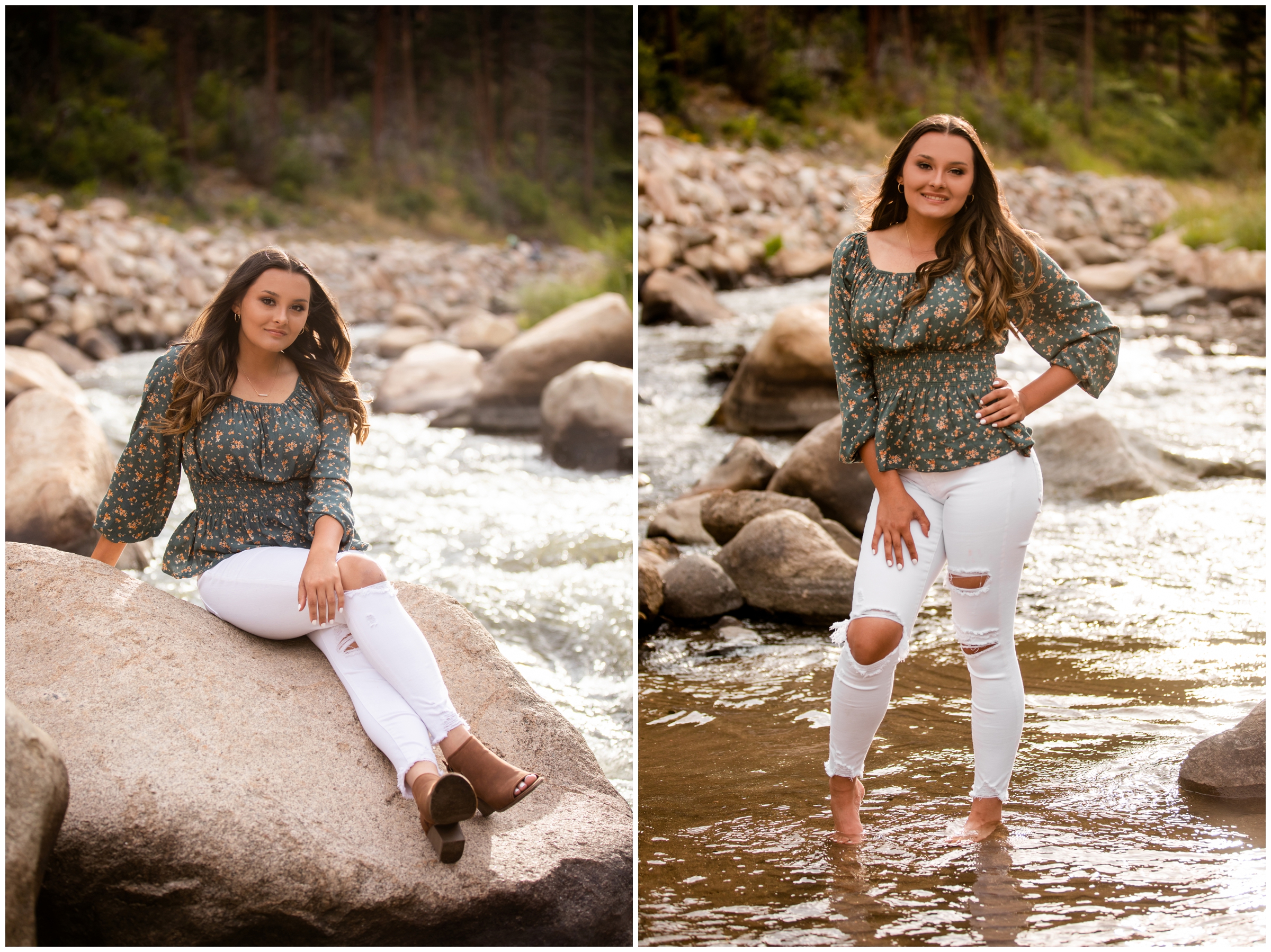teen girl standing in river during Colorado mountain senior pictures in Loveland