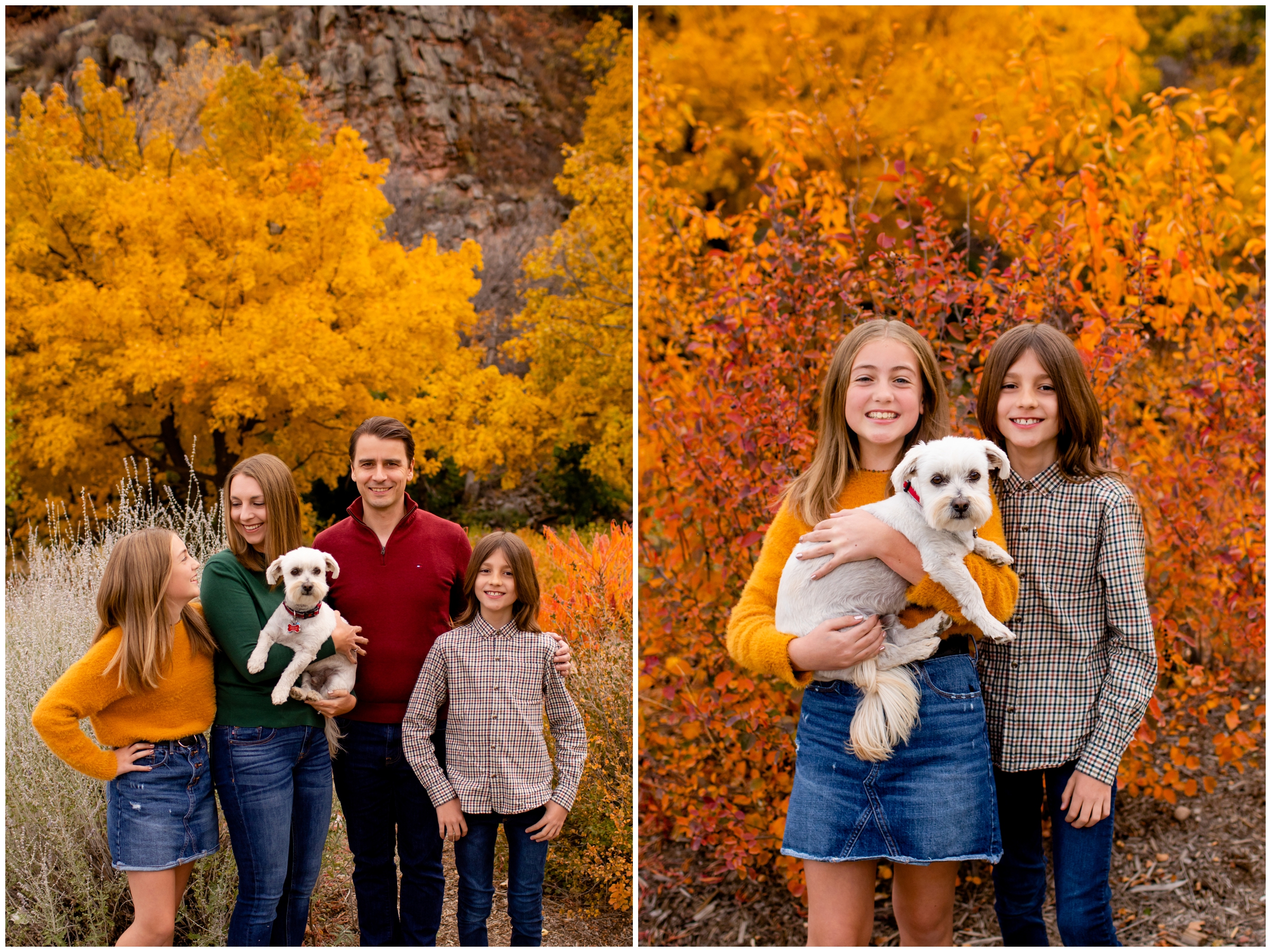 brother and sister cuddling their dog during fall family photography session in Lyons Colorado 