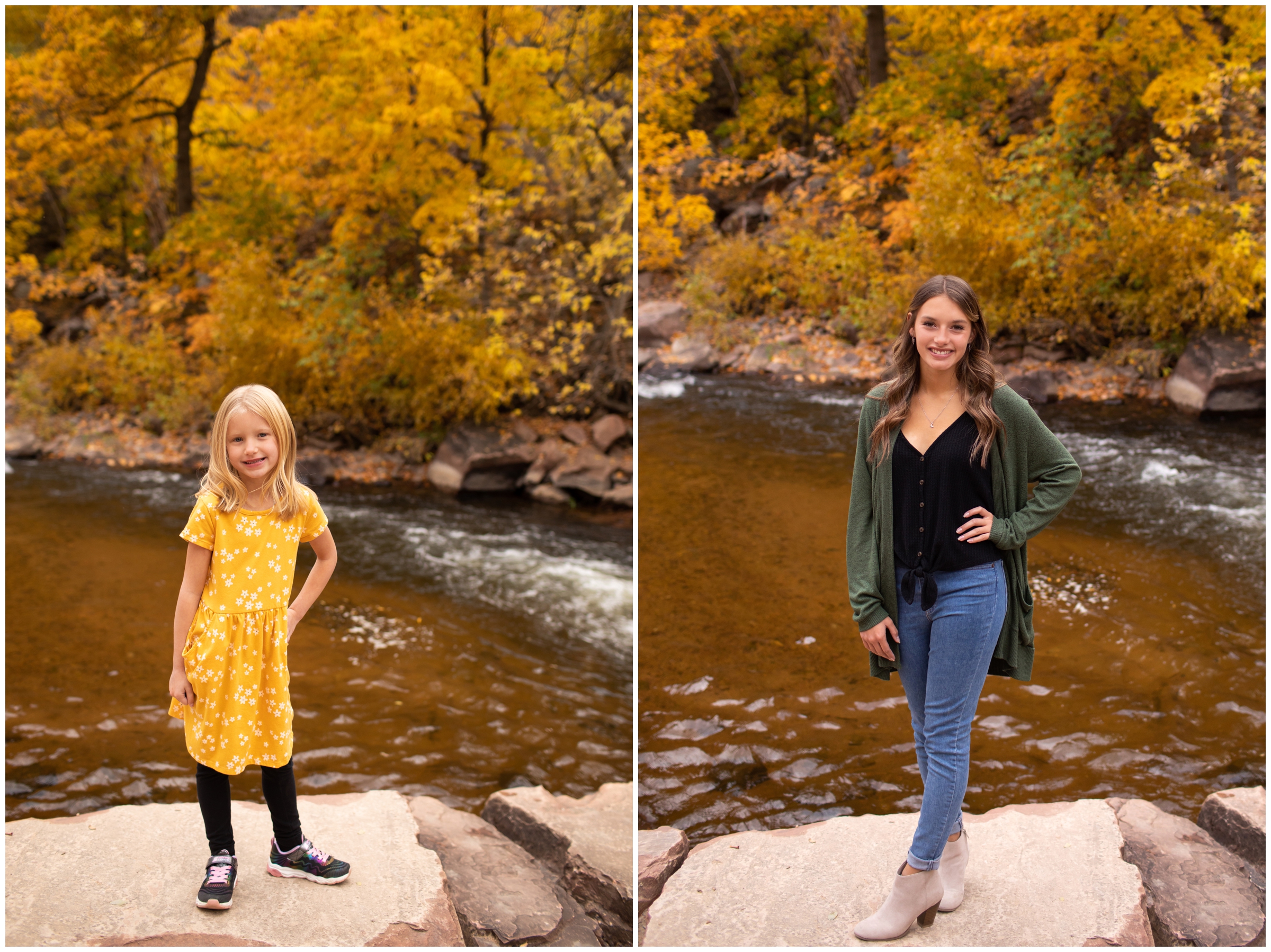 children posing next to river during Colorado fall family pictures