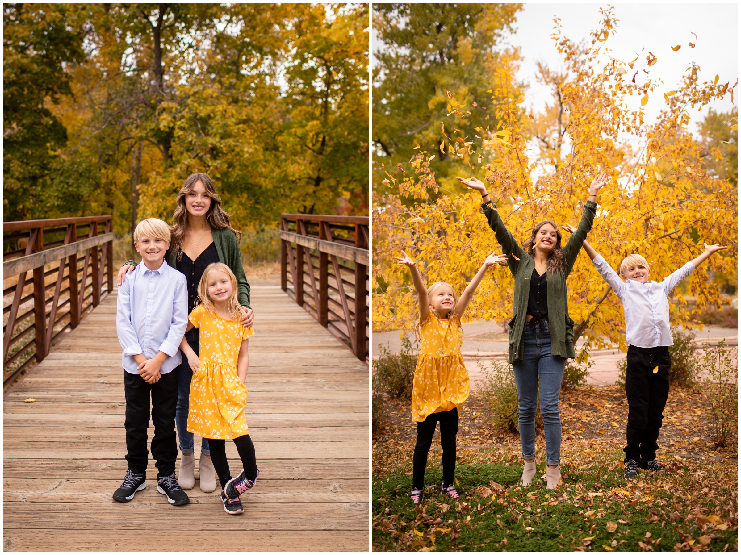 kids throwing leaves in the air during fall family portraits in Lyons Colorado