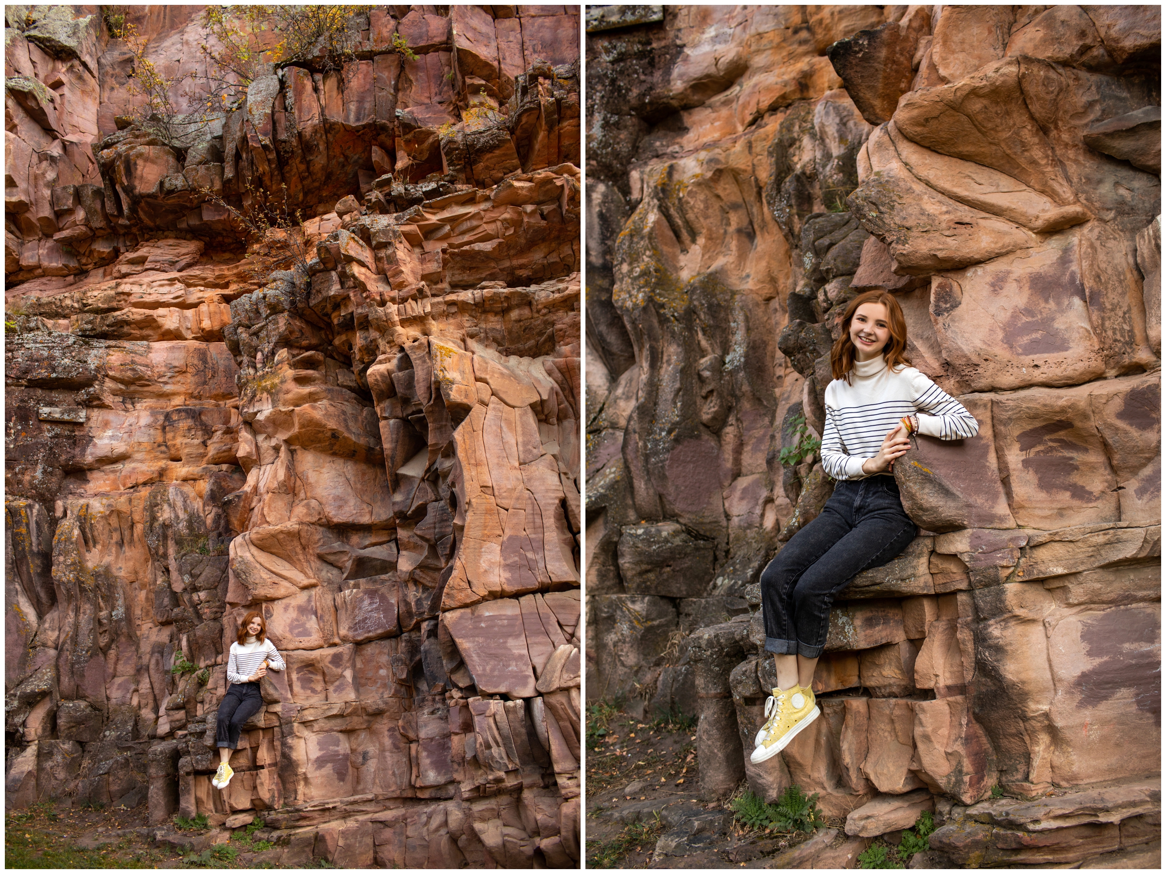 teen girl sitting on large rock formations during Lyons Colorado fall senior pictures 