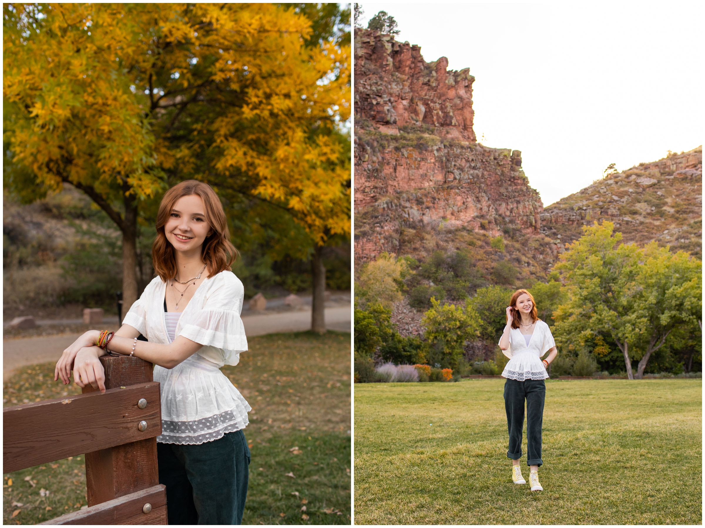 teen posing in front of large rock formations in the Colorado mountains during fall senior pictures 