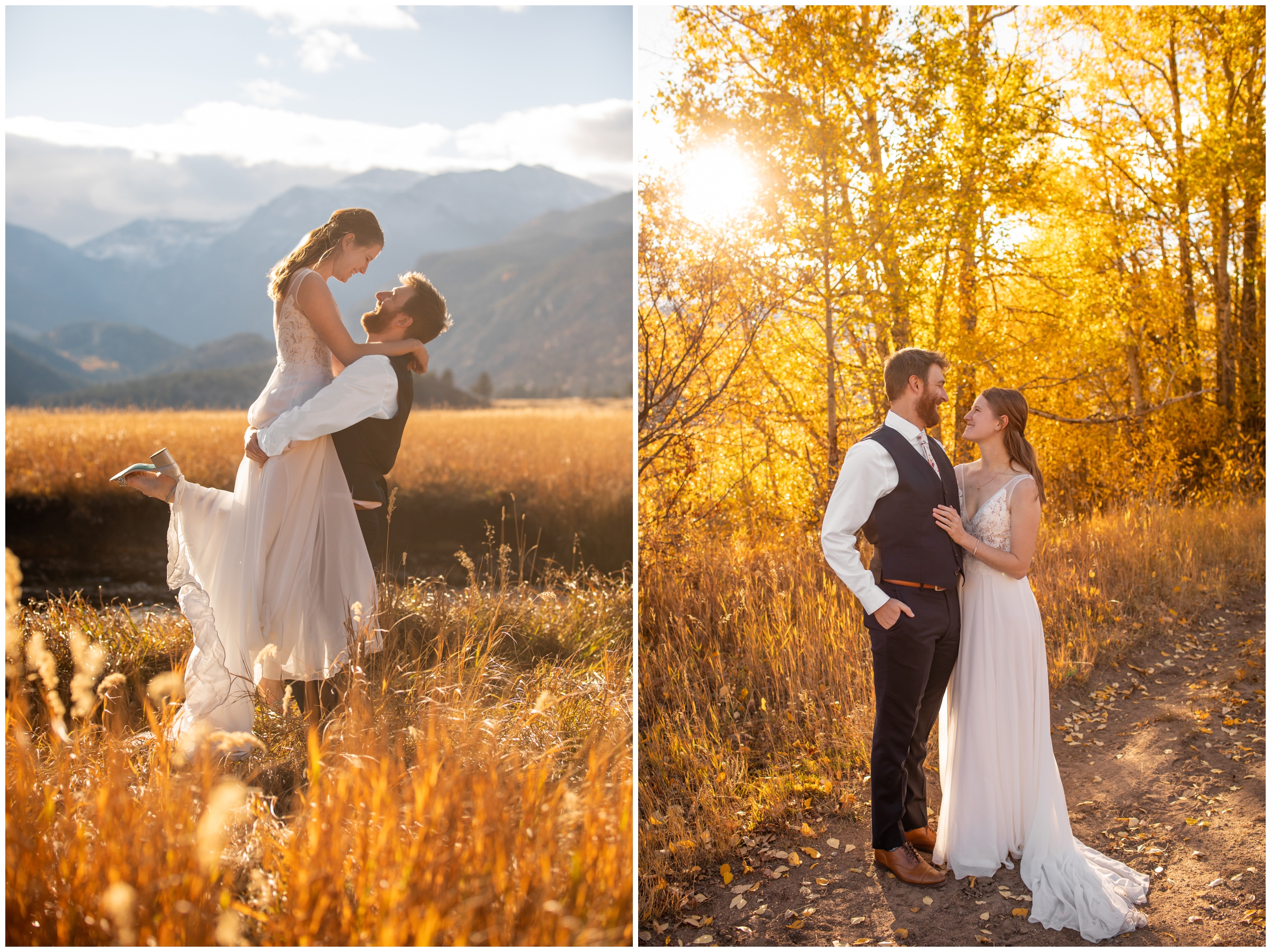 groom lifting bride in field of long grasses during Estes Park Colorado elopement wedding pictures