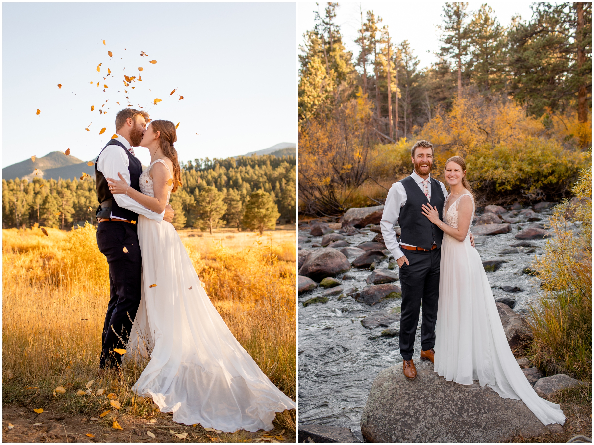 couple kissing as leaves fall around them during fall elopement wedding photos in RMNP
