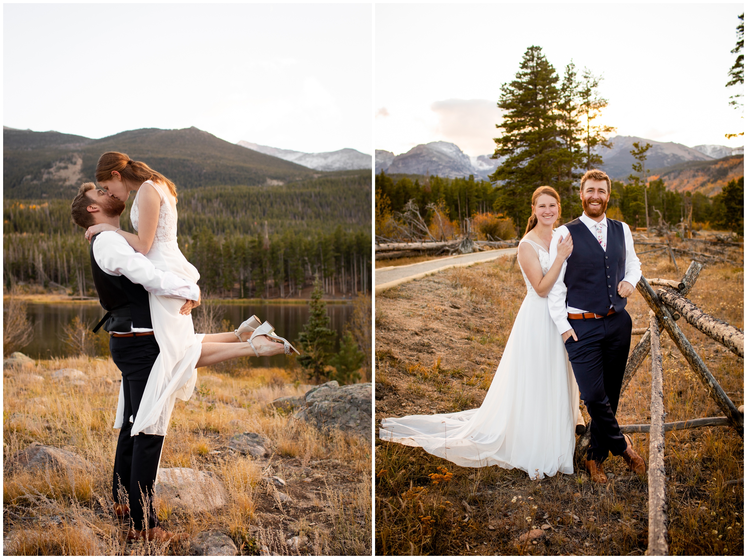 groom lifting bride with mountains in background during Estes Park Colorado wedding photography session