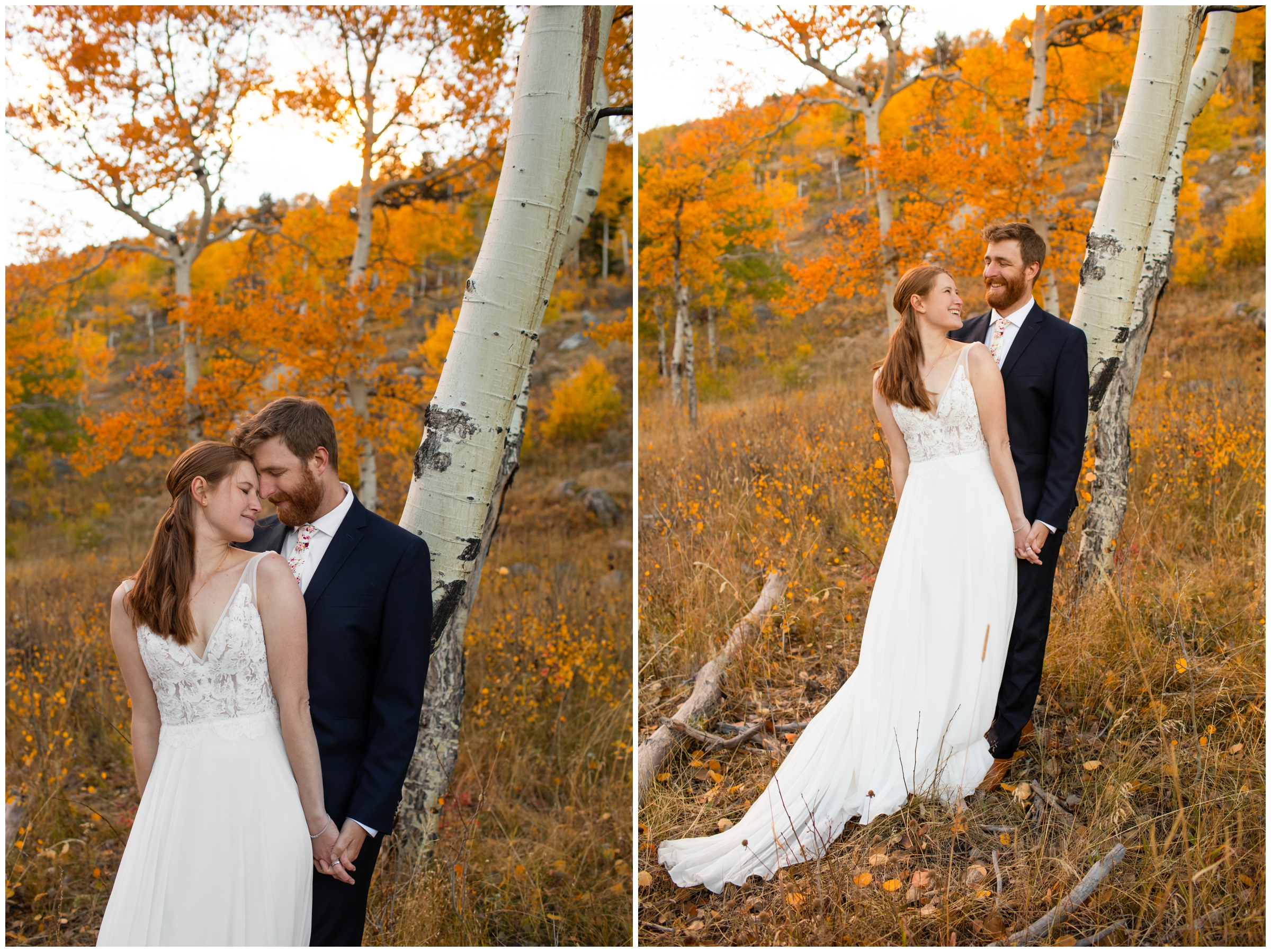 couple leaning against aspen tree during fall wedding portraits in RMNP Colorado 