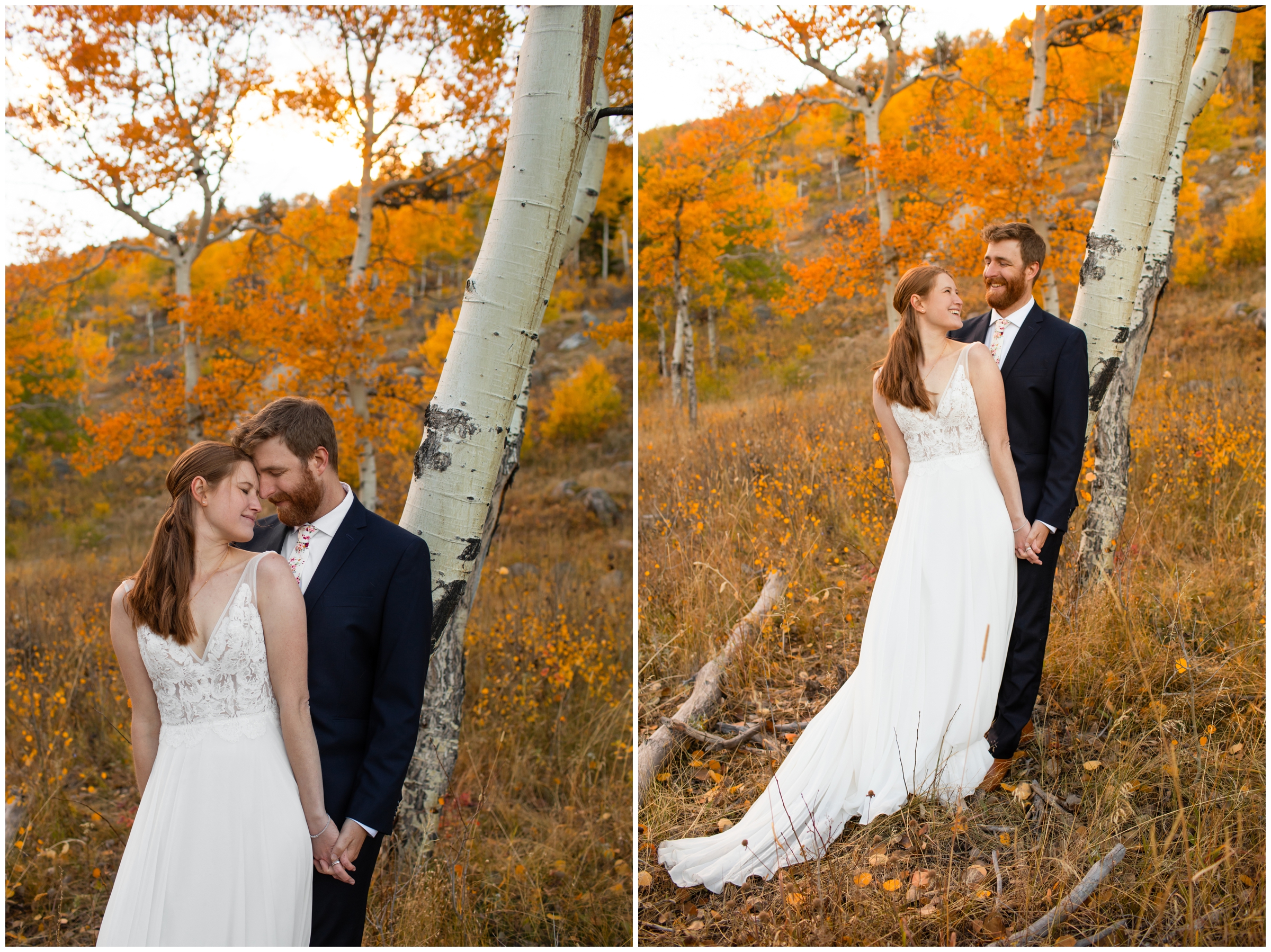 couple leaning against aspen tree during fall wedding portraits in RMNP Colorado