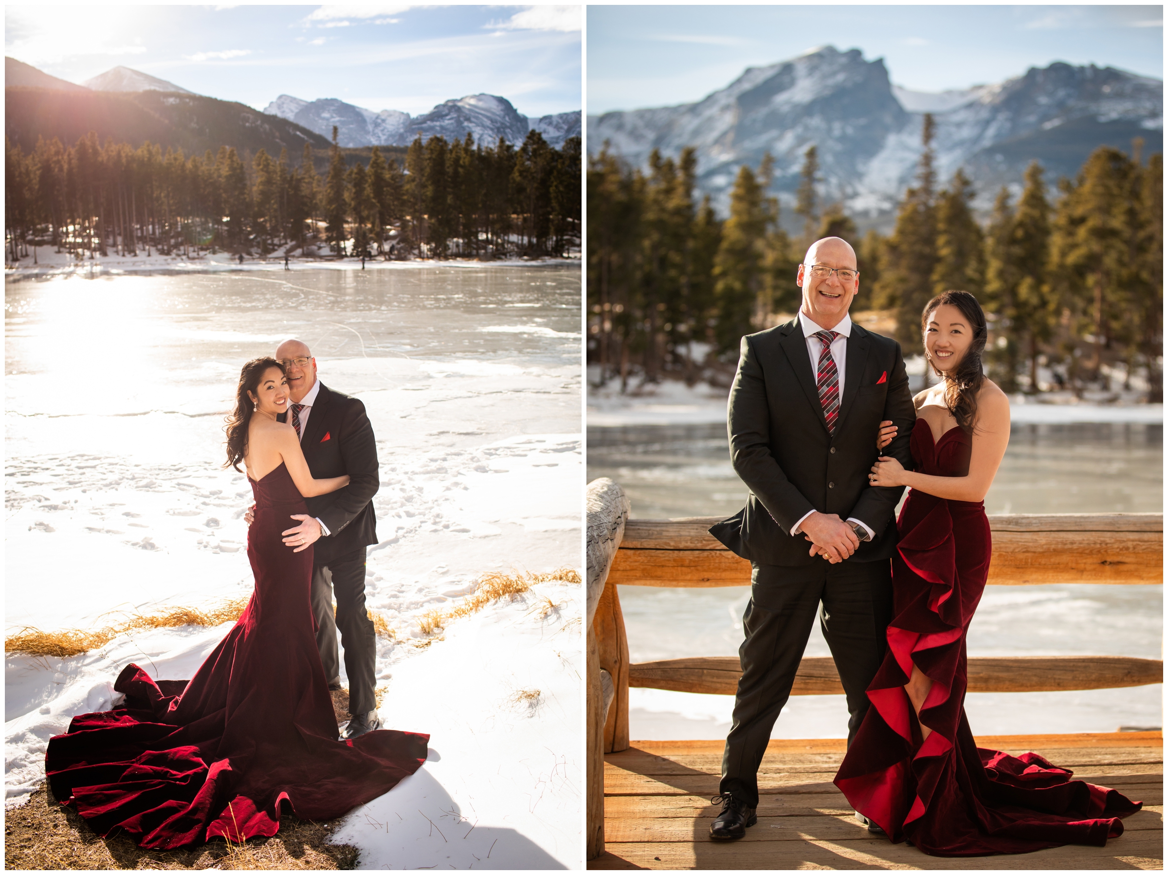 Couple posing on dock at Sprague Lake during winter anniversary couple's photography session 