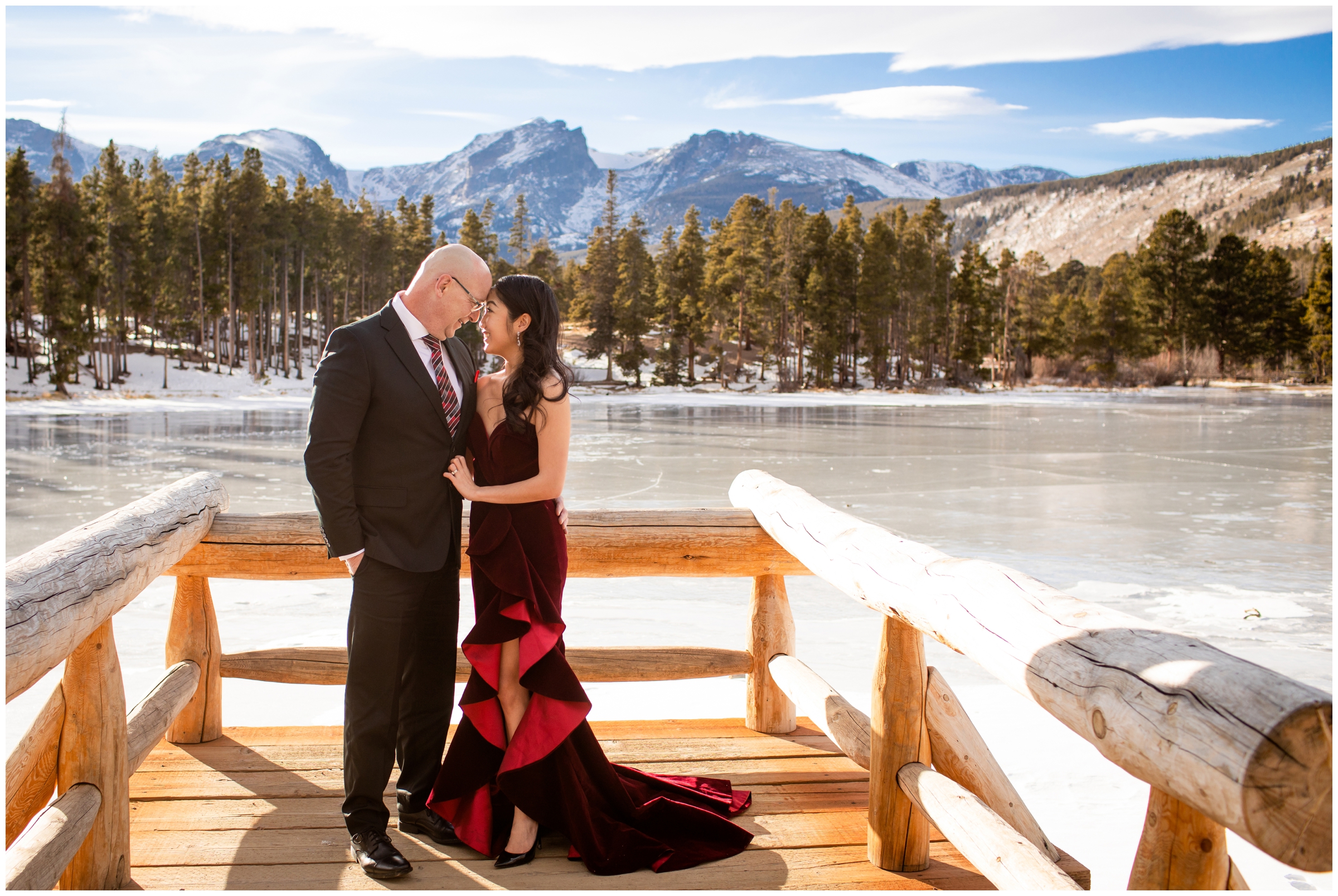 RMNP Winter couples photos at Sprague Lake by Estes Park elopement wedding photographer Plum Pretty Photography
