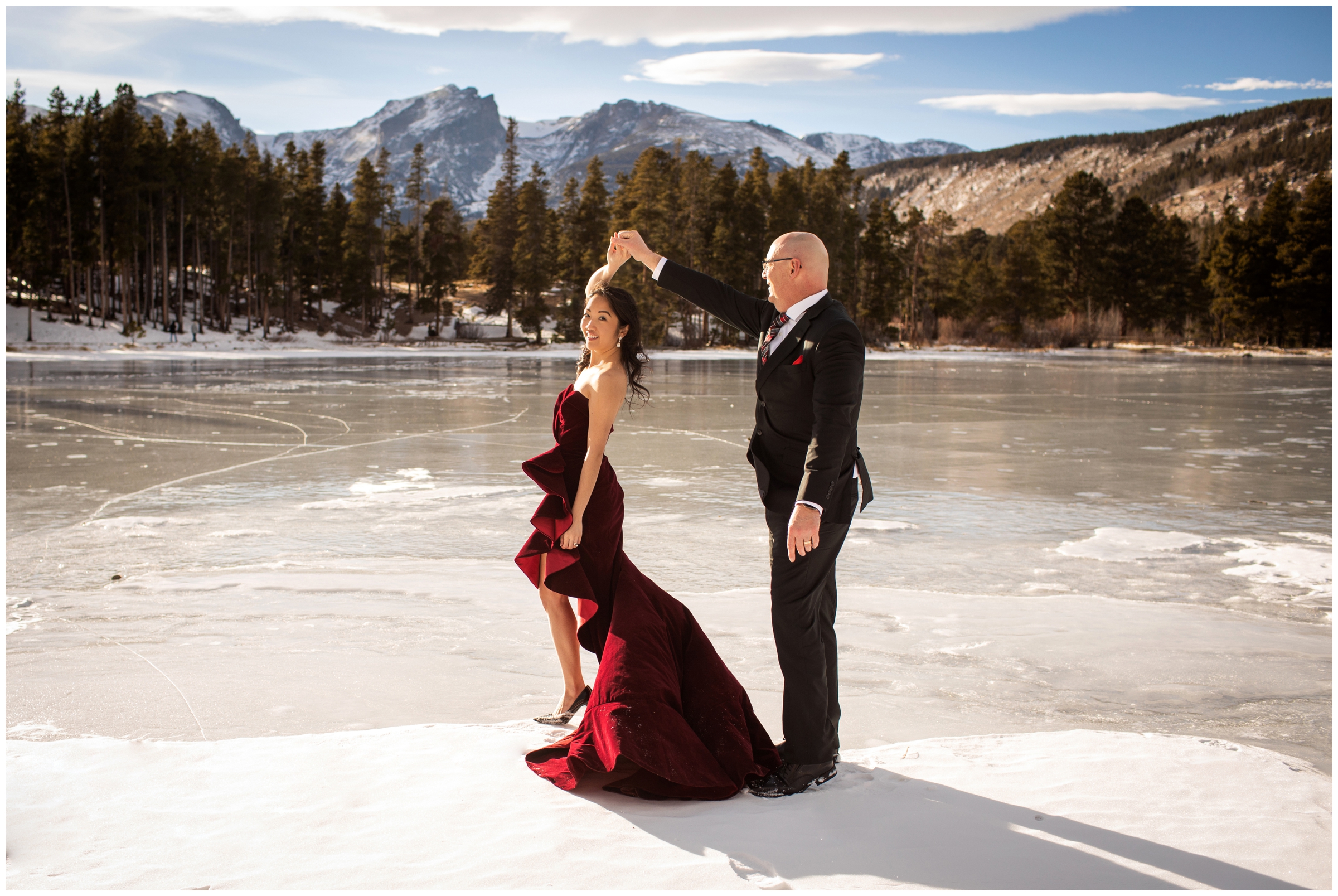 couple dancing on frozen lake during Estes Park elopement wedding photos at Sprague Lake RMNP 