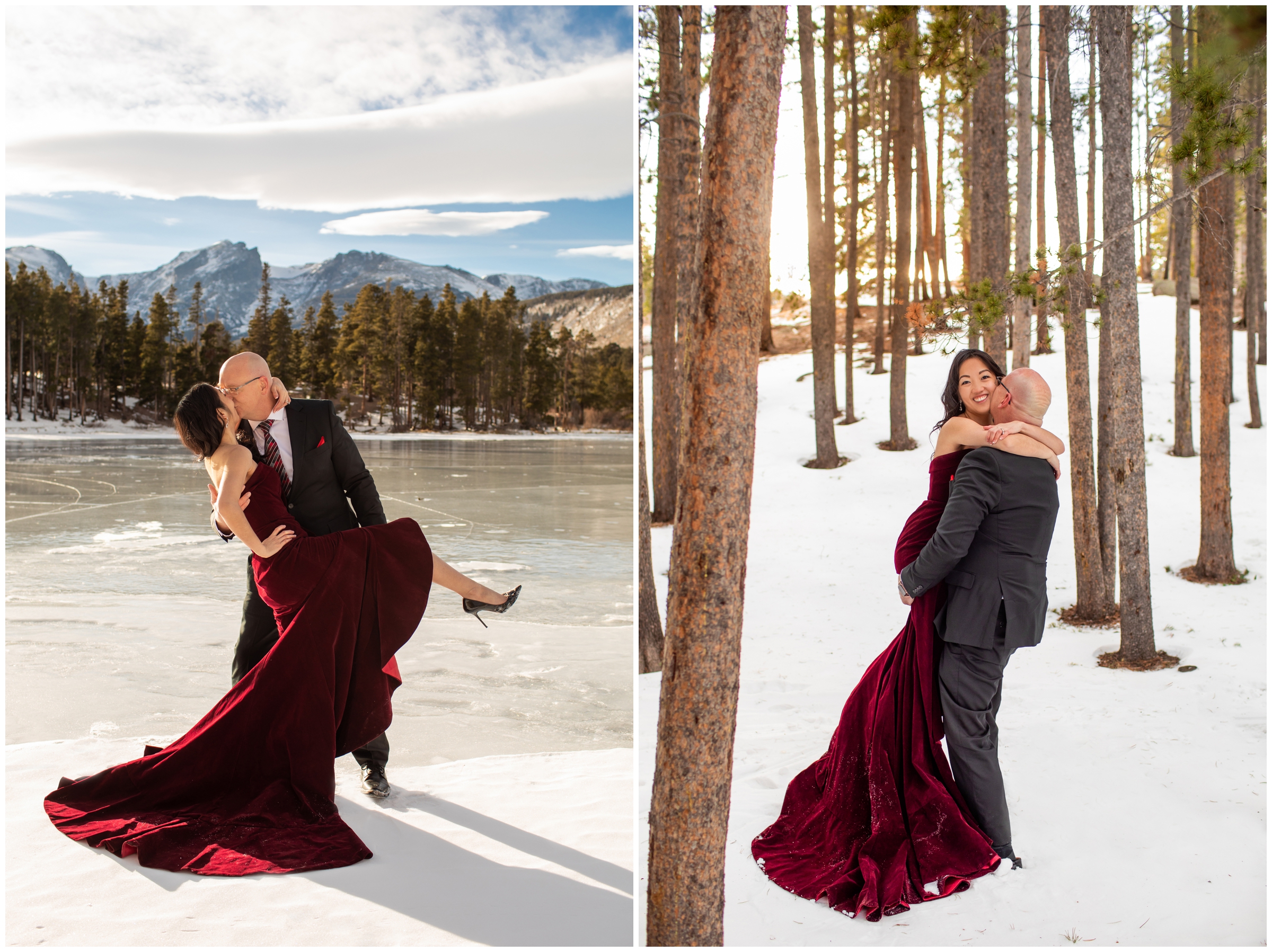 RMNP Winter couples photos at Sprague Lake by Estes Park elopement wedding photographer Plum Pretty Photography