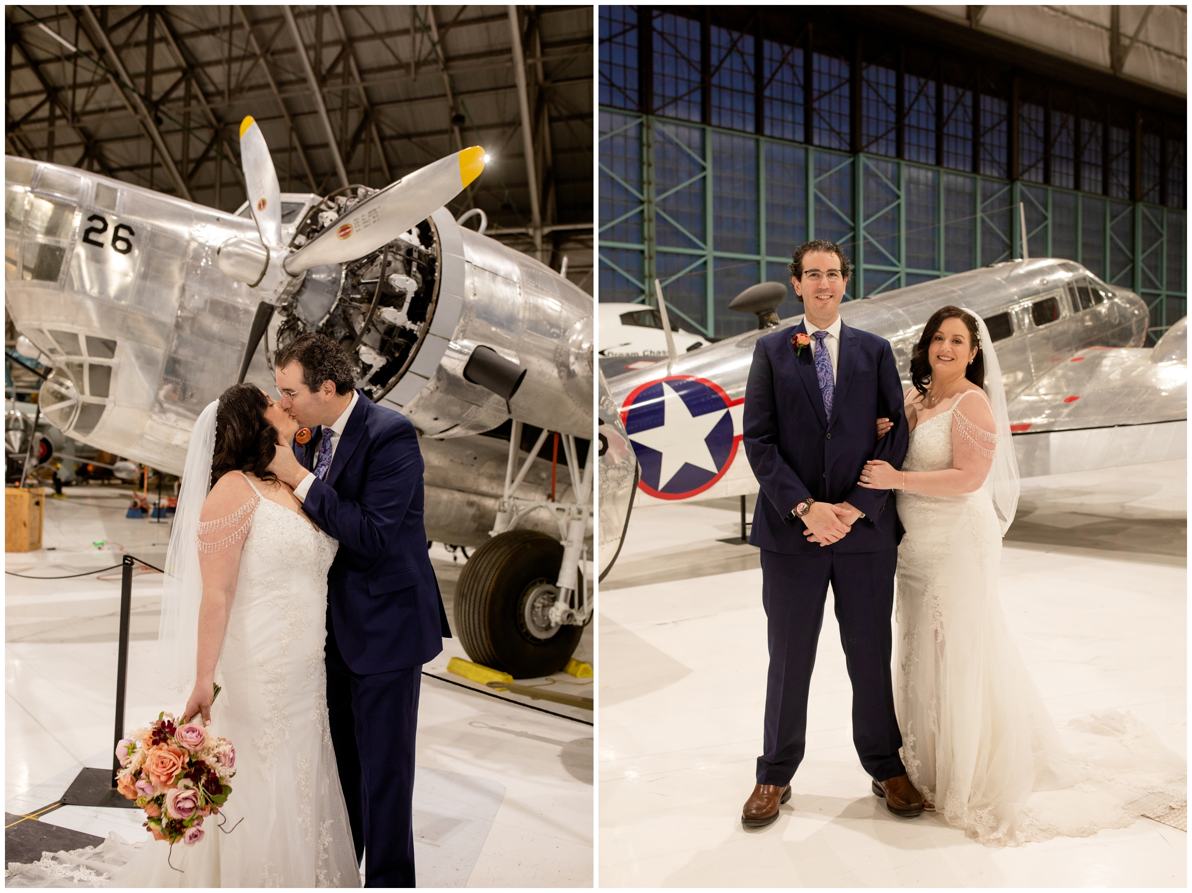 couple kissing in front of vintage airplane during airplane museum wedding in Denver Colorado