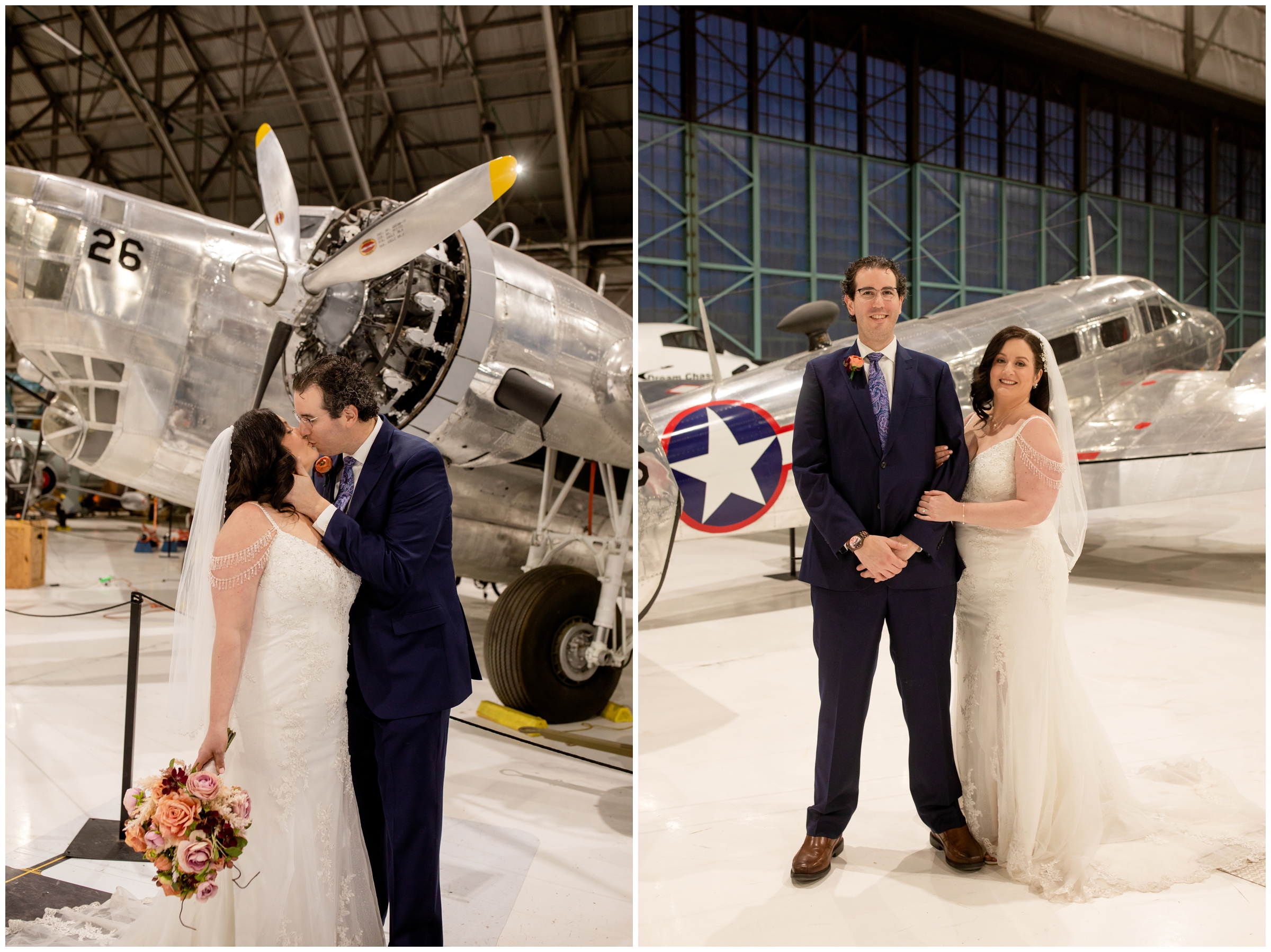 couple kissing in front of vintage airplane during airplane museum wedding in Denver Colorado 