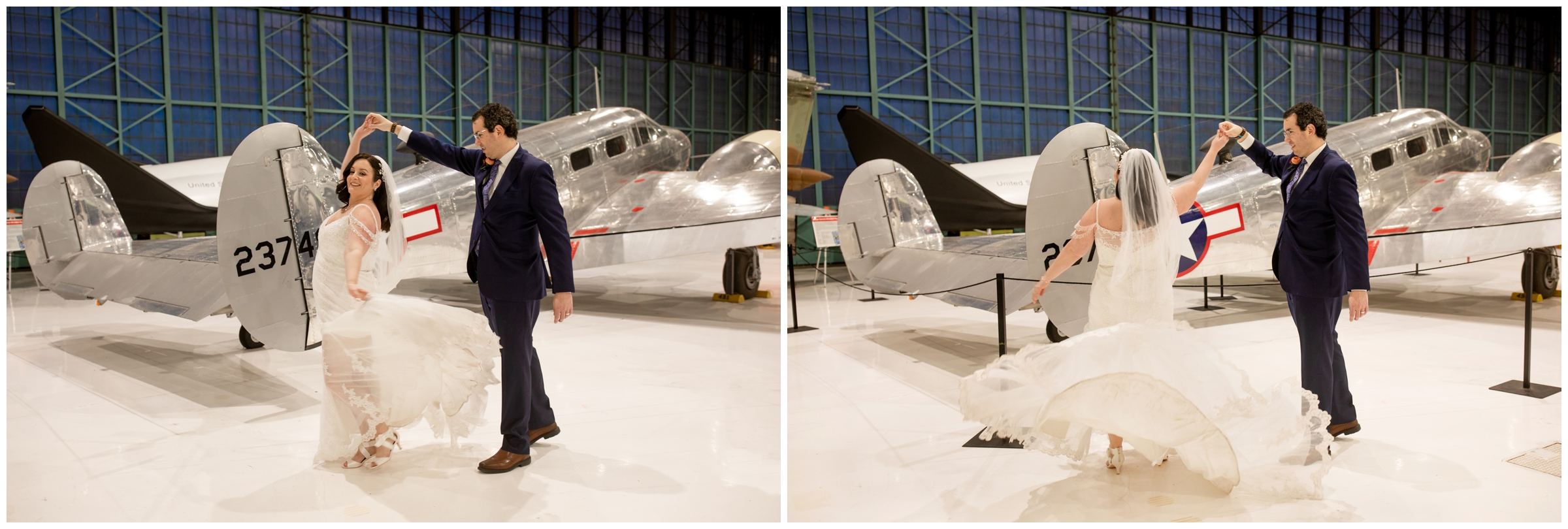 couple dancing in front of vintage planes during Wings Over the Rockies airplane museum wedding