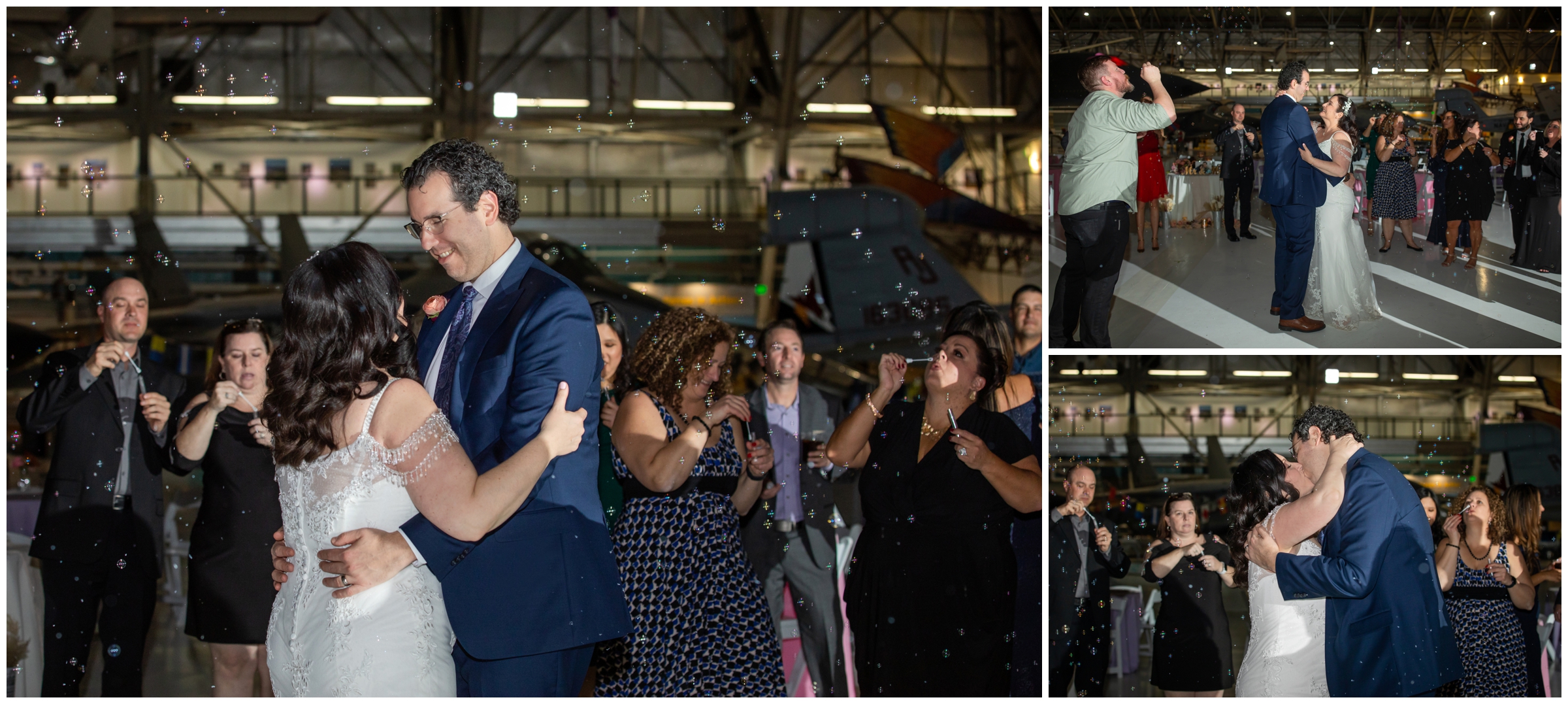 first dance at Denver Wings over the Rockies airplane museum wedding reception