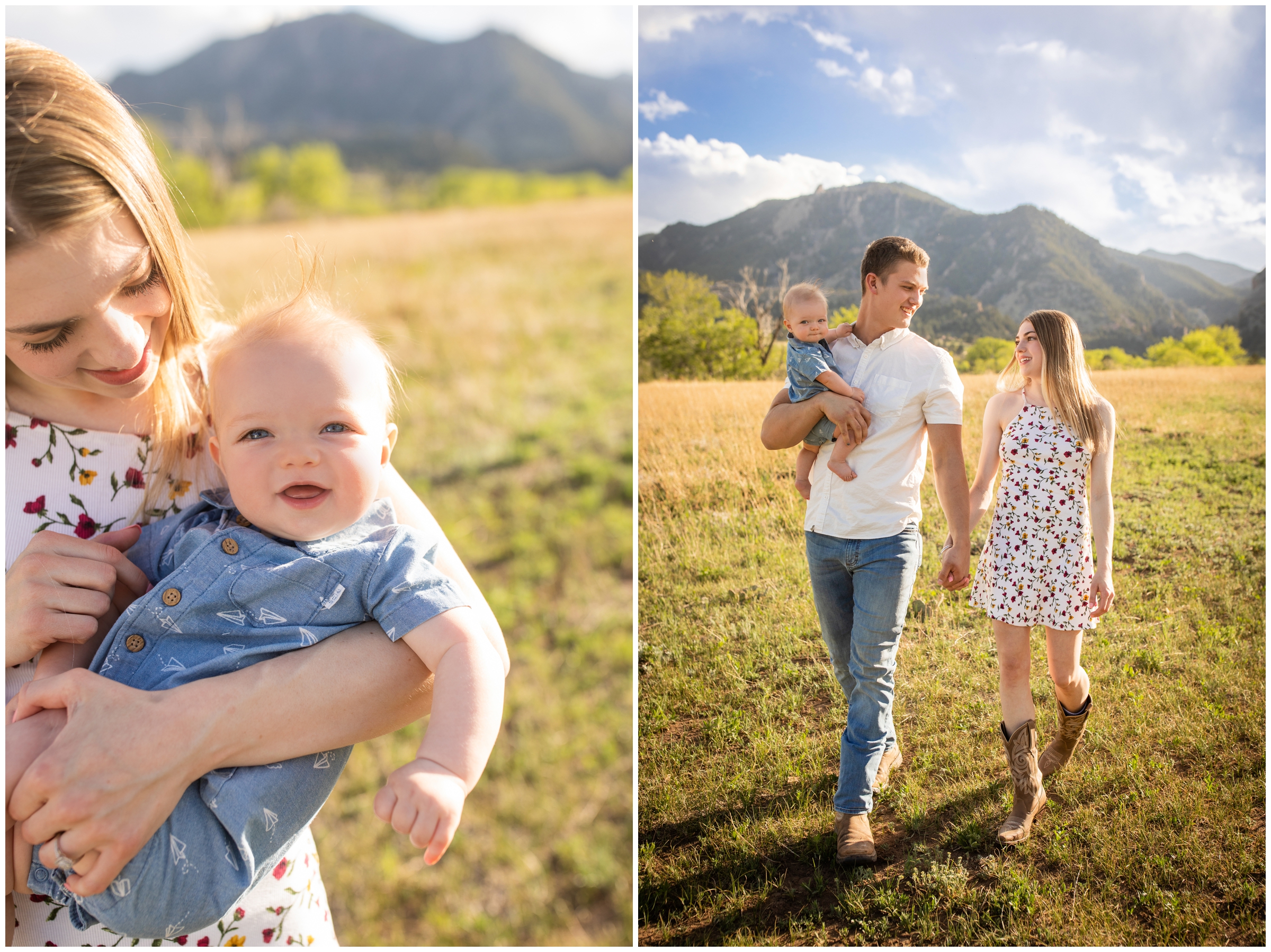couple holding hands and walking with their son during candid family photography session in Boulder Colorado