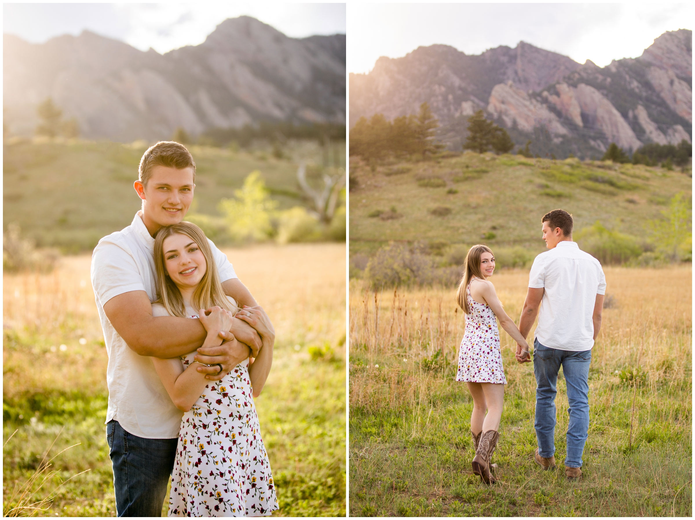 couple cuddling with the flatirons mountains in the background during Colorado springtime engagement photos