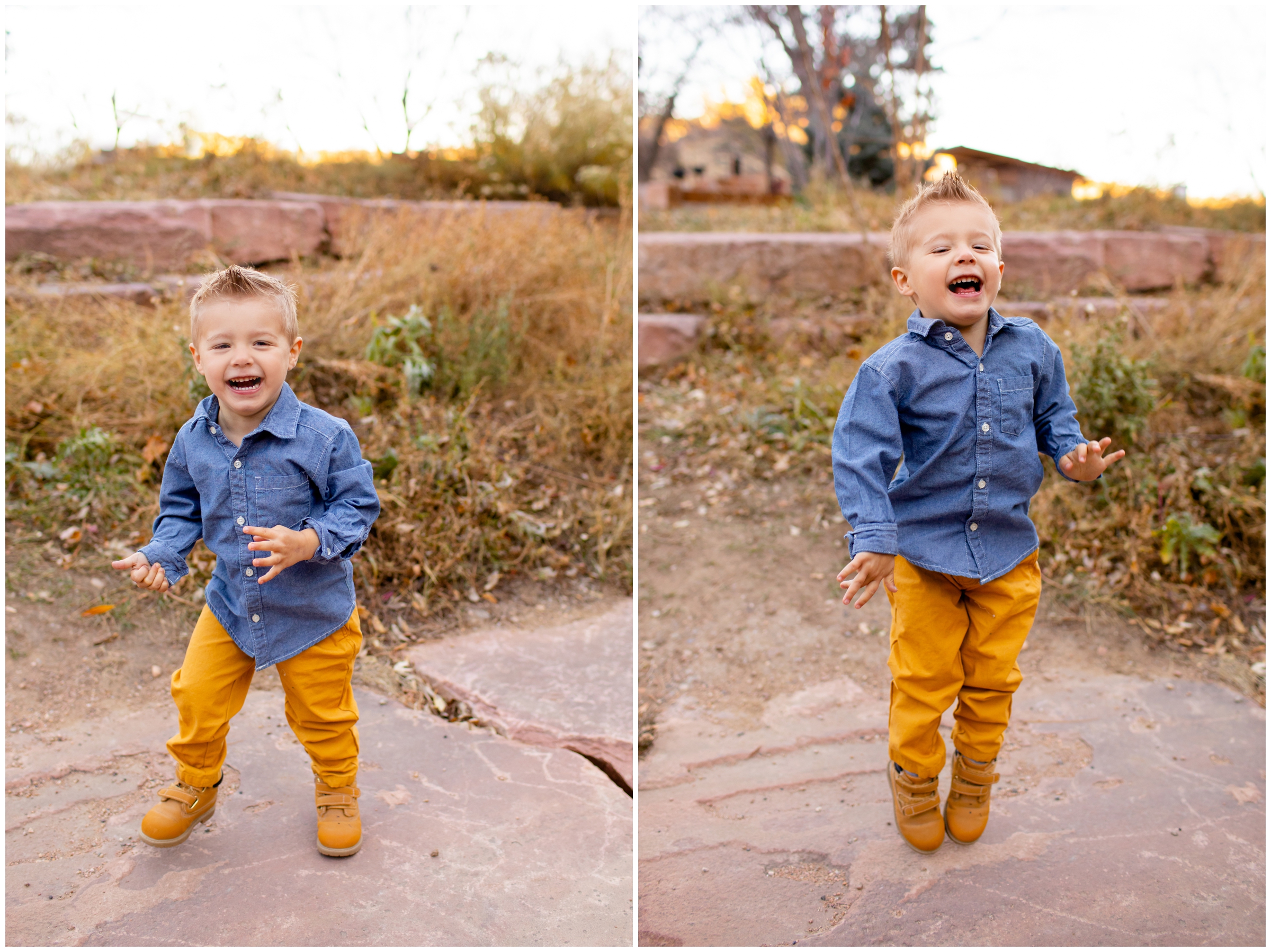 little boy jumping during candid family photos in Lyons Colorado 